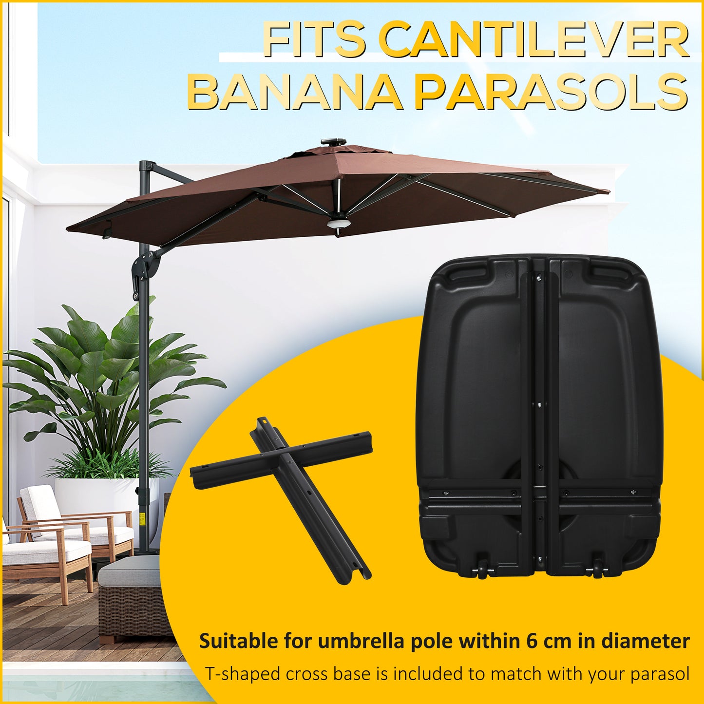 Outsunny Cantilever Umbrella Base, 165 lbs. Capacity, Portable Offset Umbrella Stand on Wheels, Mobile, Heavy-Duty, Fillable with Water or Sand, Black