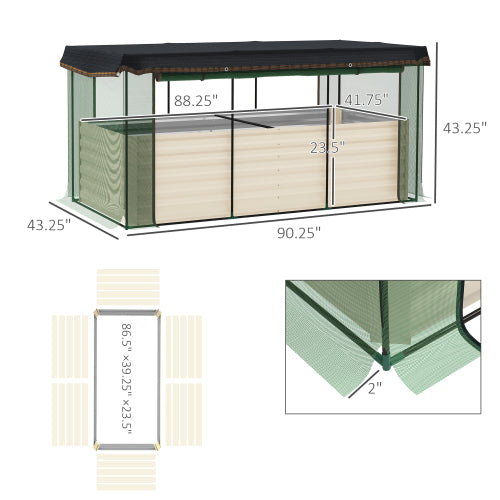 Beige Galvanized Steel Raised Garden Bed with Crop Cage Plant Protection Net and Shade Cloth, Planter Box with Cover