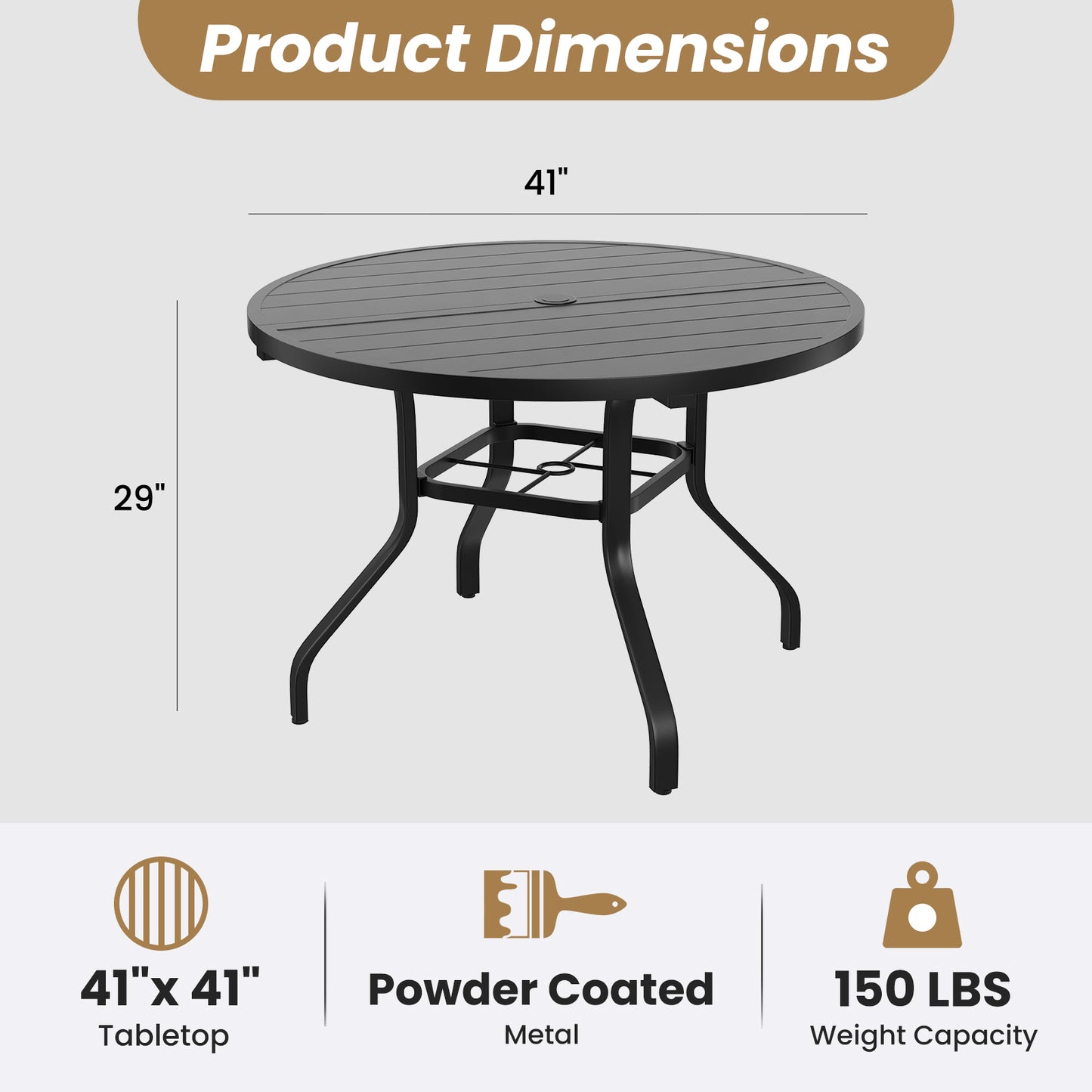 Round Outdoor Dining Table, 41" Round Patio Table Wood-Like Grain with 1.57" Umbrella Hole, Metal Outdoor Dining Tables for Backyard and Poolside