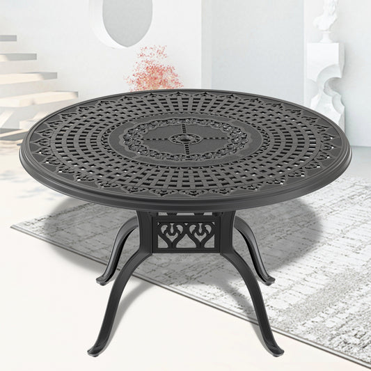 Ø47.24-inch Cast Aluminum Patio Dining Table With Black Frame and Umbrella Hole (same sku: W1710120507)