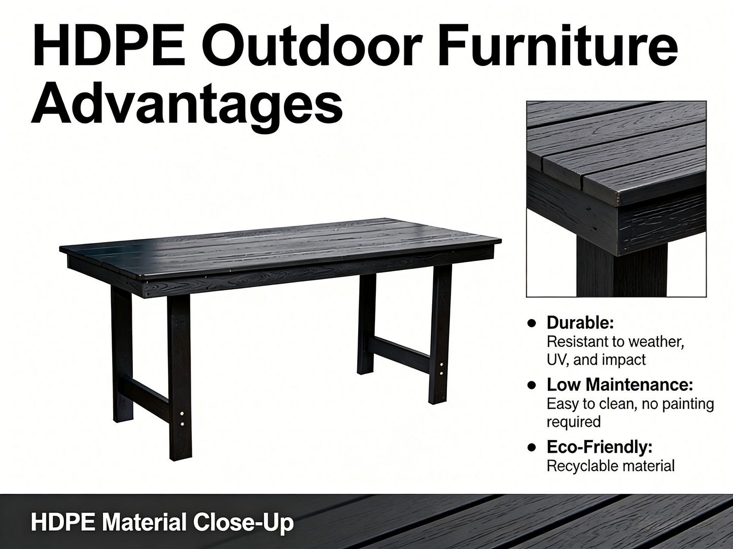 HDPE Patio Dining Family Table, coffee table, outdoor table for 4-6 People with Umbrella Hole for Backyard, Garden, Pool, Black