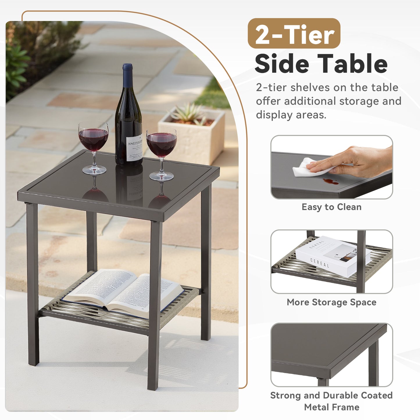 Outdoor Wicker Side Table, 22x18x18 inch All Weather Rattan Small Patio Table Square End Table for Pool Balcony Deck Porch Lawn Backyard, Dark Gray