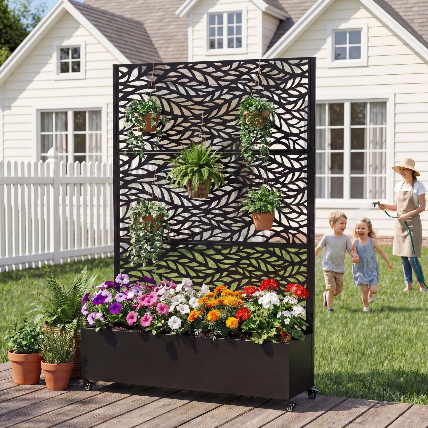 Metal Raised Garden Bed with Wheels and Trellis,73"x47"x16" Planter Box for Climbing Plants, Vegetables & Vines, Features Privacy Screen and Drainage Holes