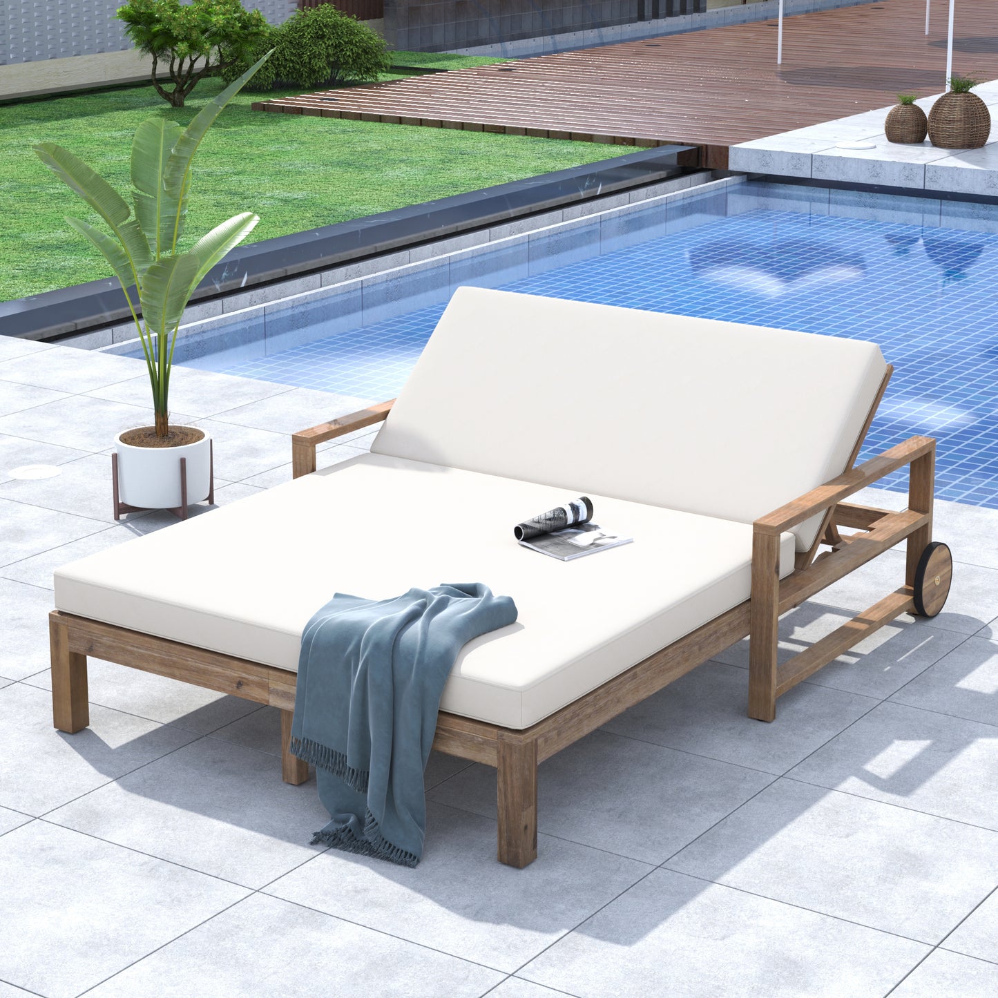 TREXM 1-Piece Farmhouse-styled Wooden Outdoor Sunbed for Ultimate Relaxation Outdoor Daybed Seating 2 People for Poolside, Garden and Backyard (Beige)