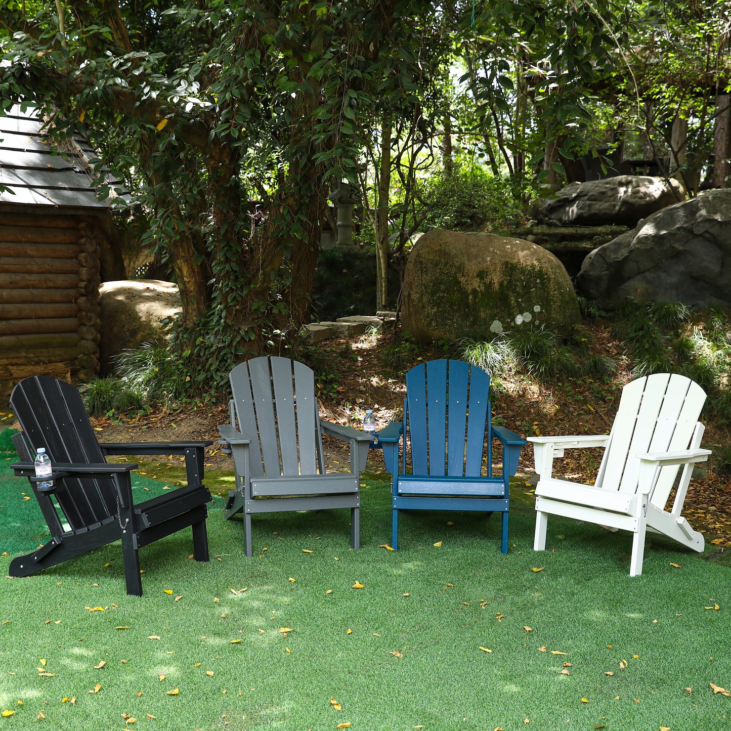 HDPE Folding Adirondack Chair with Dual Cup Holder - Composite Adirondack Chair with Wood Texture- Black