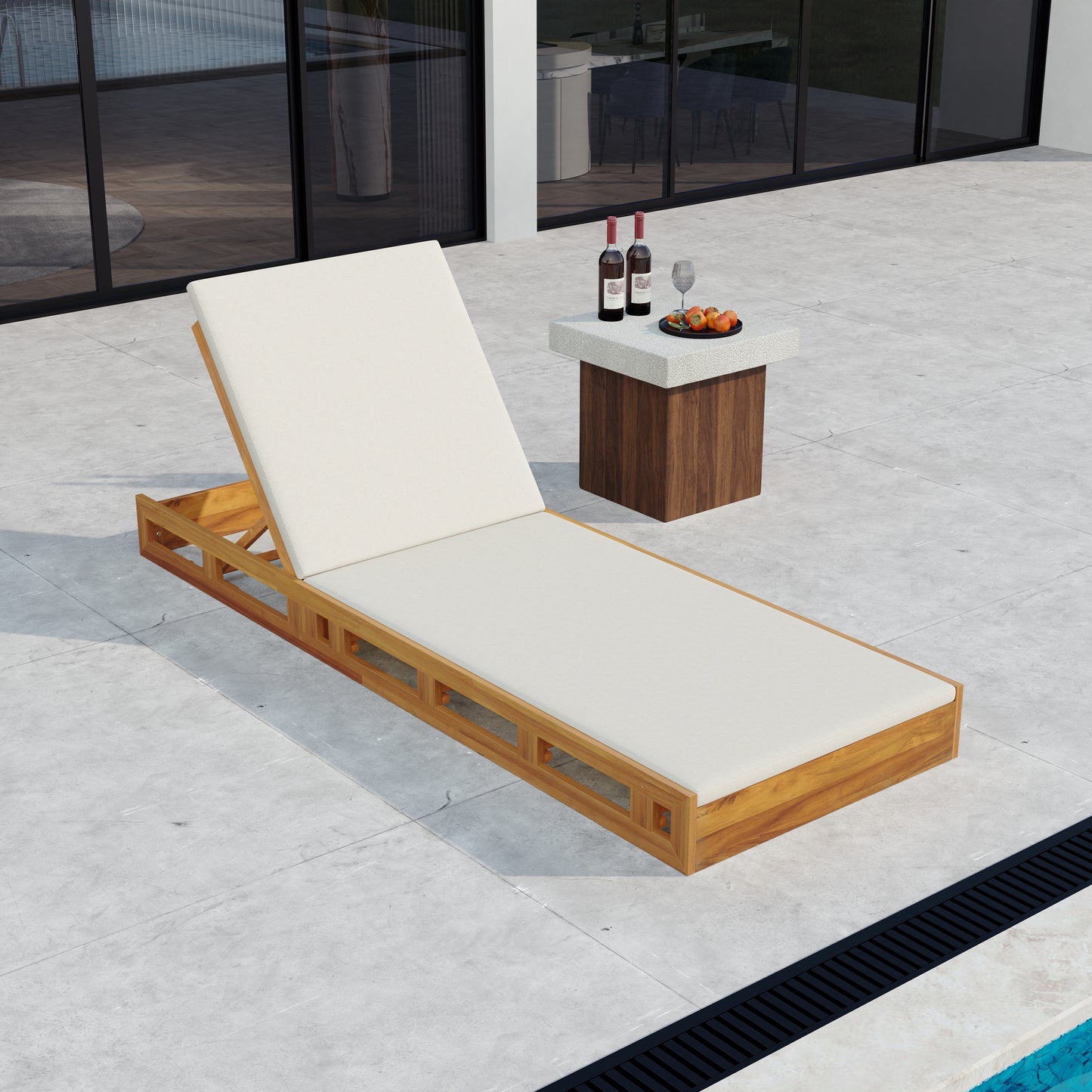 LOUNGE CHAISE SET,ACACIA WOOD WITH WATER-RESISTANT LOUNGE CUSHIONS (CREAM & 2 INCH THICK) - MATCHING DARK GREY/LEAF COCONUT VERSION AVAILABLE