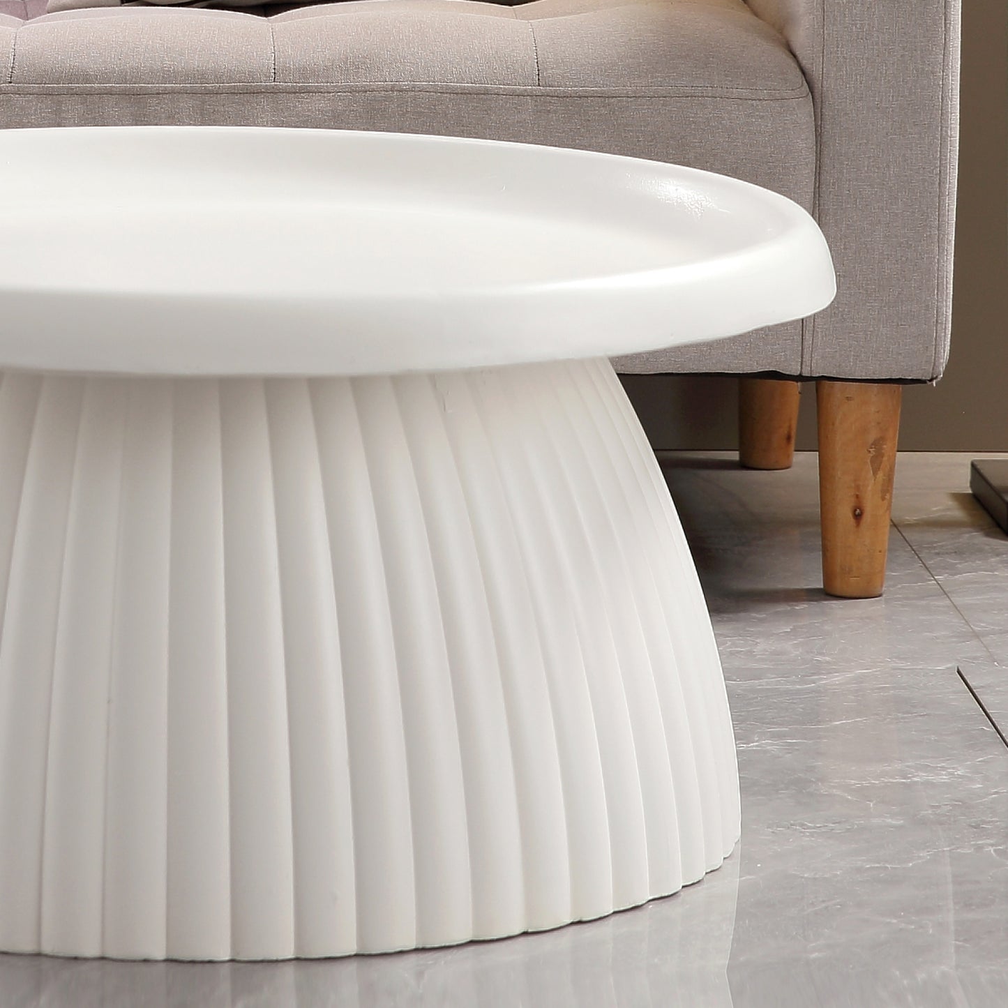 White Magnesium Oxide Fluted Pedestal Coffee Table   27.56" Diameter Round Center Table