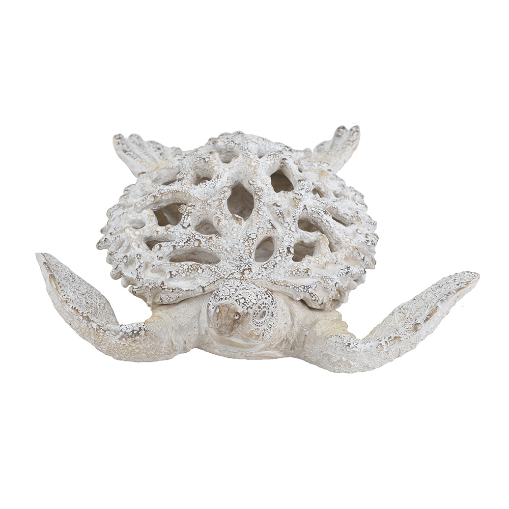 13.2x12.2x3.9" Decorative Polyresin Turtle Statue with White Coral Reef Design