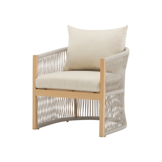Modern Beige Curved Aluminum Lounge Chair with Stylish Rope-Weave Design and Cushioned Comfort, Perfect for Outdoor Living
