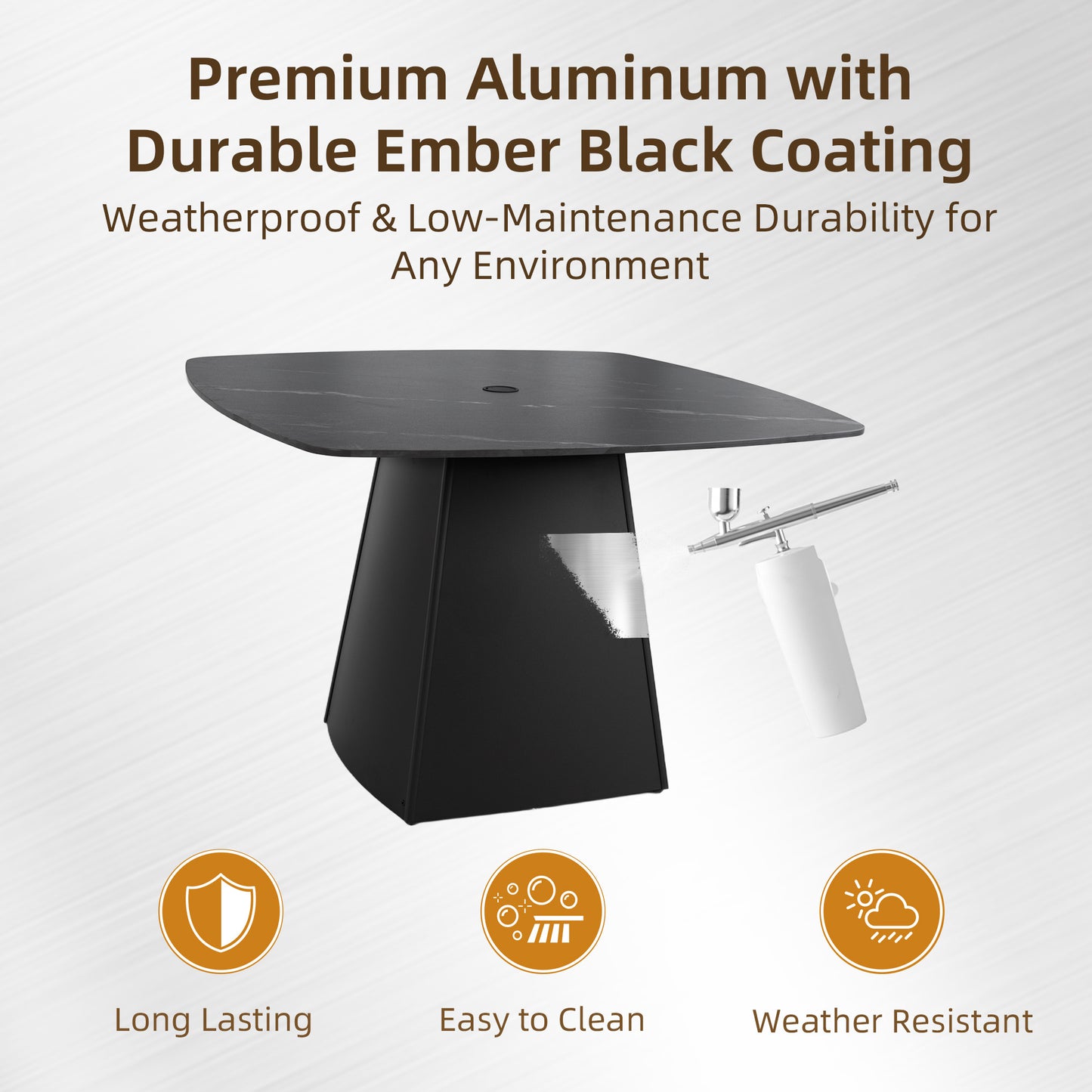 Modern 44" Rounded Square Outdoor Pedestal Dining Table, Black Sintered Stone Top, Flared Pyramid Aluminum Pedestal Base, Weather-Resistant, Rust-Free, for Patio, Deck, Poolside, Balcony – Seats 4
