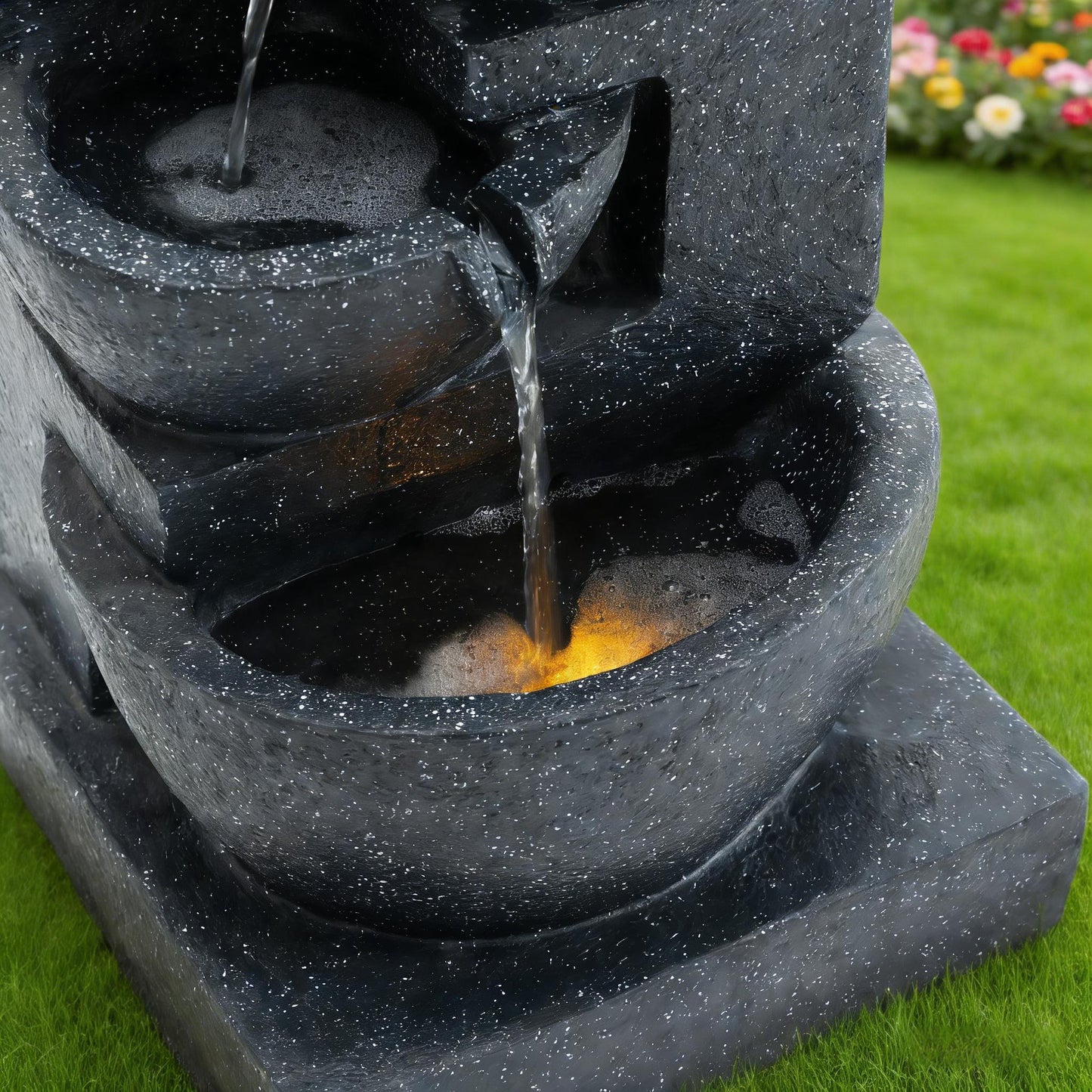 29-Inch Terrazzo Style LED Outdoor Indoor Water Fountain with Cascading Bowls & Stacked Stones – 4-Tier Ideal Waterfalls for Gardens, Patios to Create a Serene Retreat in Outdoor Living Areas