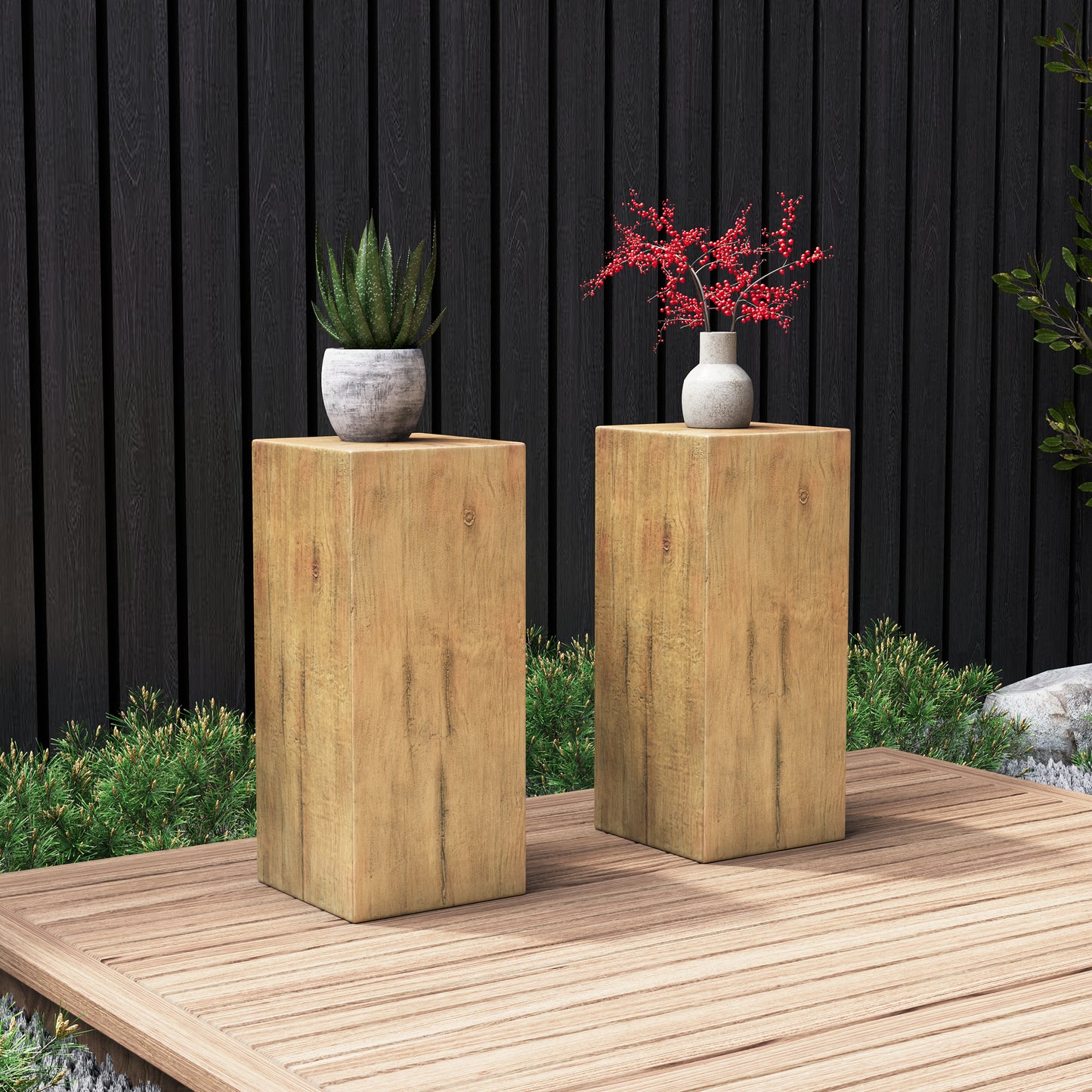 Wood-Look Square-Column MGO End Table,  H33.75",Wood-Like Distressed Finish, Mix with Different Heights, Indoor Outdoor Use,Natural Color