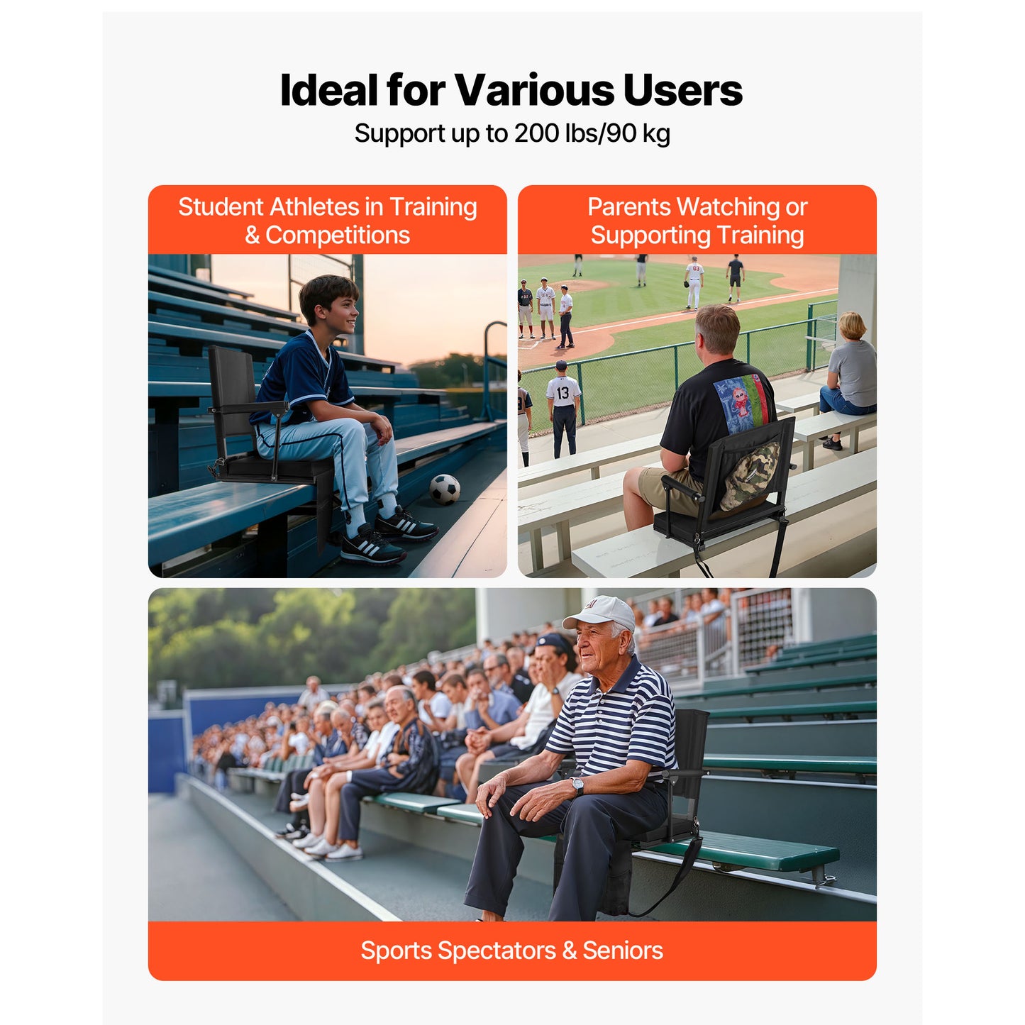 Stadium Seat, Portable Bleacher Seat with Armrest, Back Support and Thick Cushion, Bench Chair for Bleacher Includes Shoulder Strap, Hooks, Cup Holder, Black Football Bleachers Seats, 2PCS