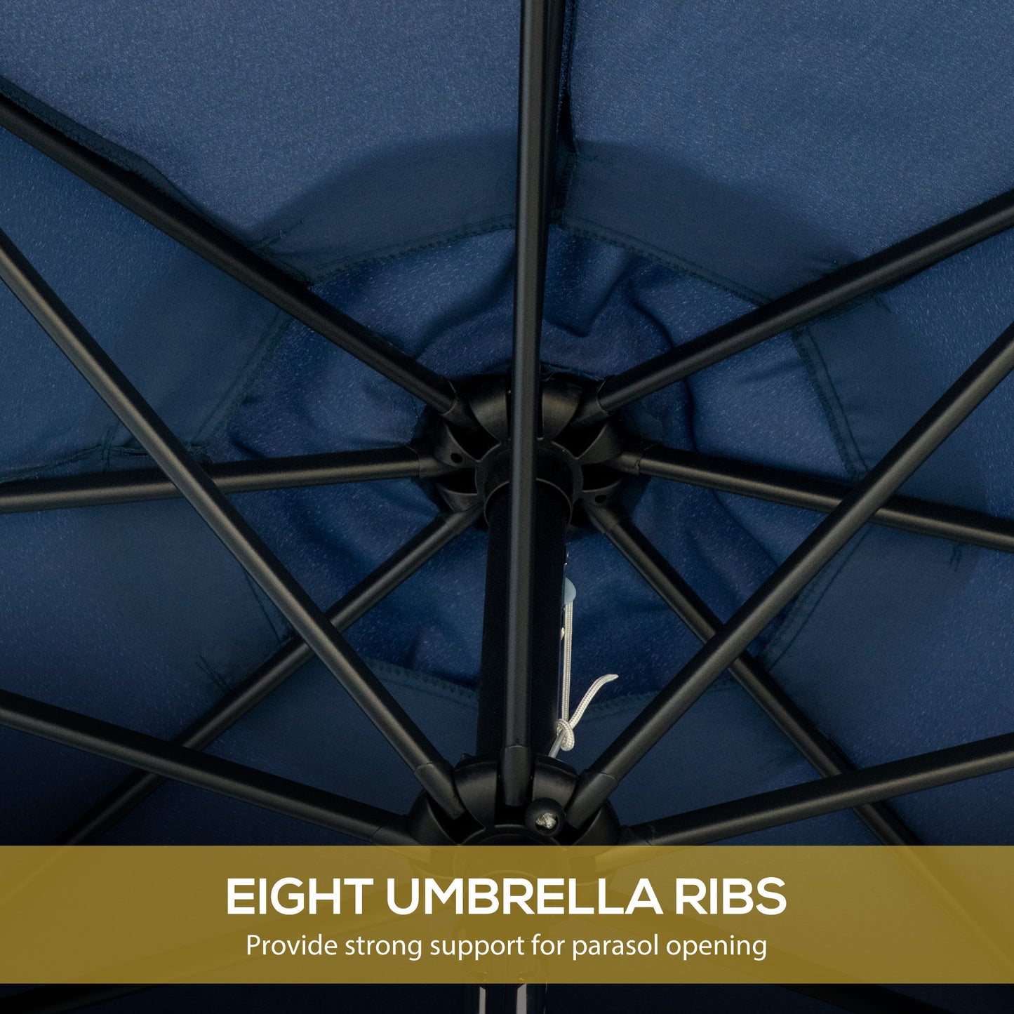 Outsunny 9ft Patio Umbrella with Push Button Tilt and Crank, Ruffled Outdoor Market Table Umbrella with Tassles and 8 Ribs, for Garden, Deck, Pool, Dark Blue