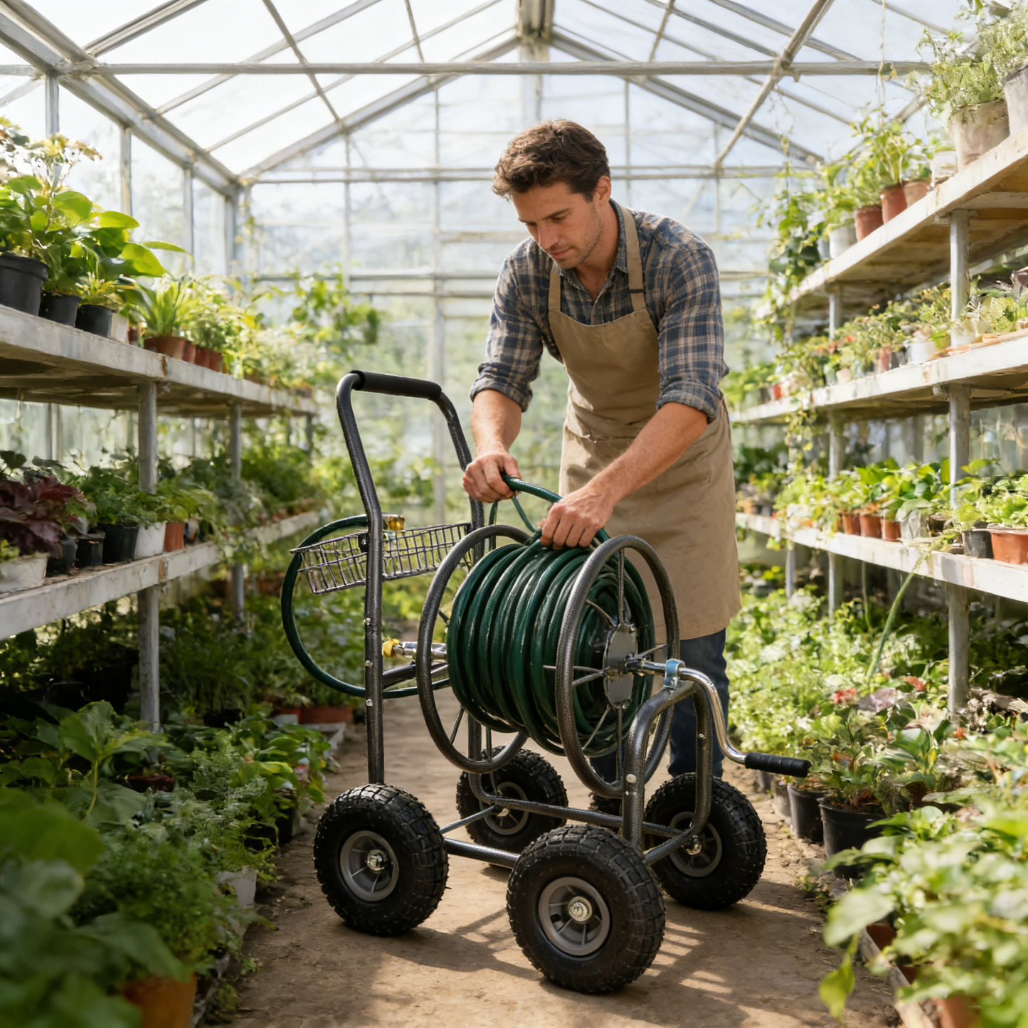 Garden Hose Reel Cart - 4 Wheels Portable Garden Hose Reel Cart with Storage Basket Rust Resistant Heavy Duty Water Hose Holder
