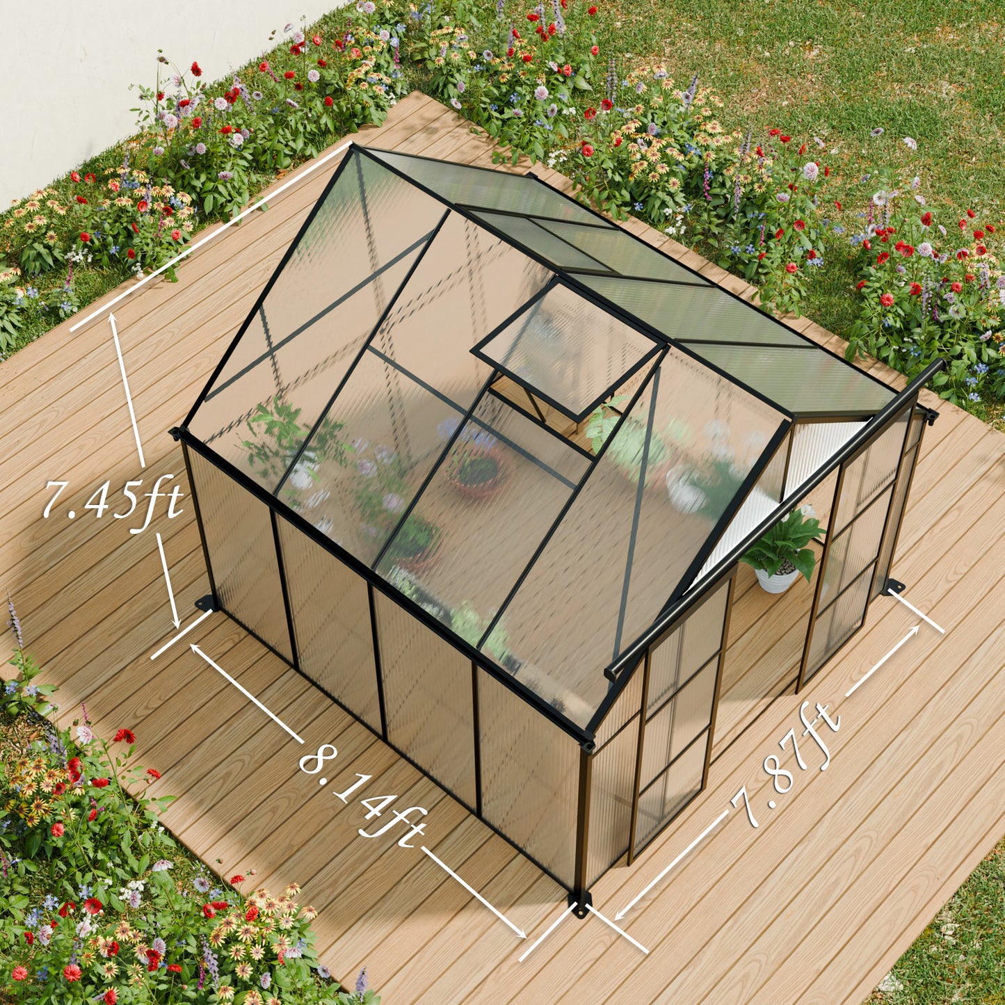 8x8 FT Double Door Polycarbonate Greenhouse Raised Base and Anchor Aluminum Heavy Duty Walk-in Greenhouses for Outdoor Backyard in All Season,Black