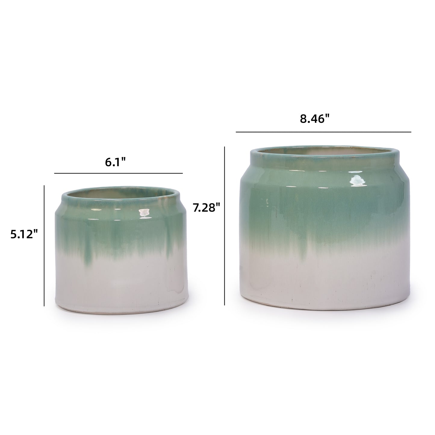 Handmade Ceramic Planter Set of 2, 8.5" & 6" Diameter, Green-White Ombre Glaze, for Aquatic Plants Indoor/Outdoor Shelf & Table Use, Non-Porous & Breathable Clay