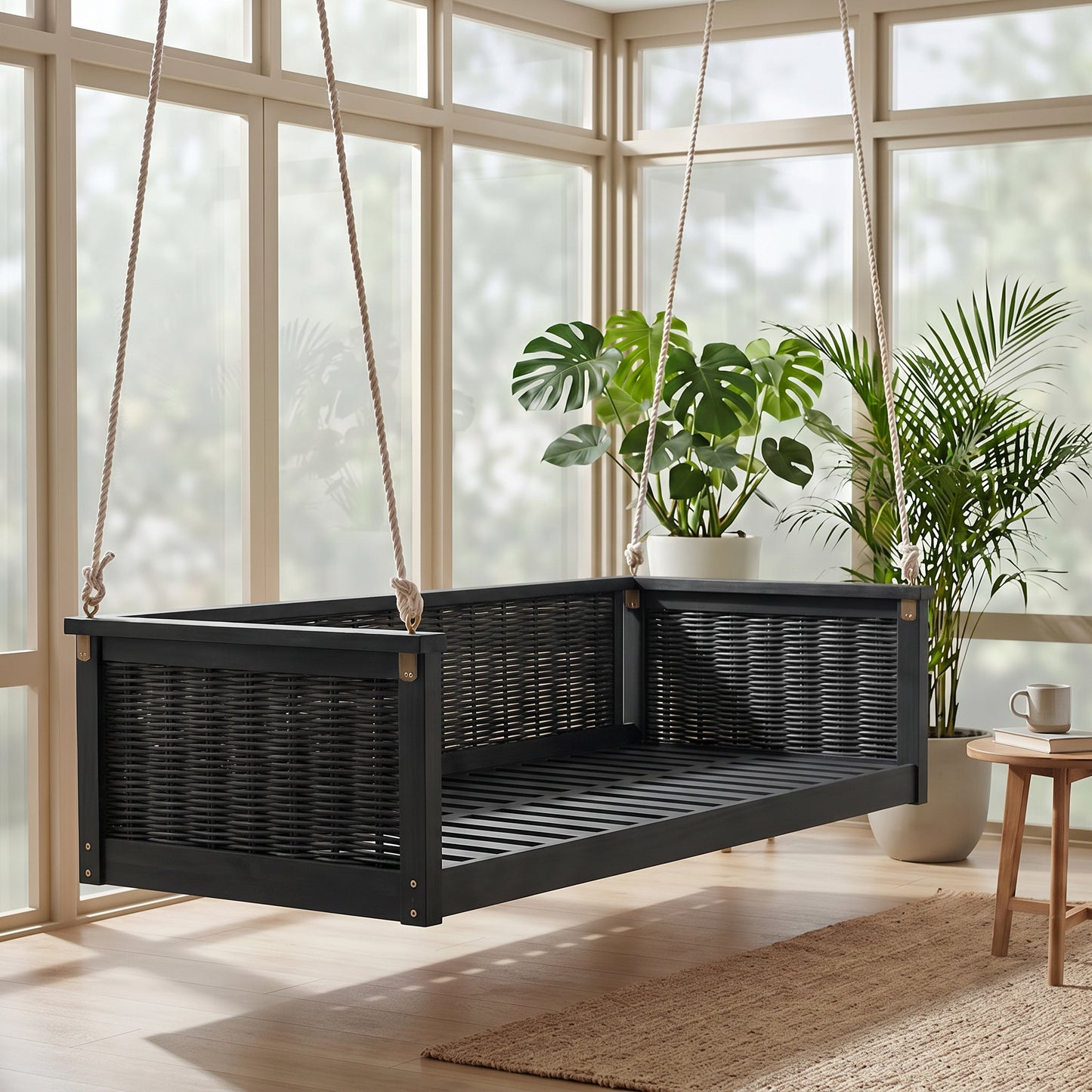 TOPMAX Outdoor Classic Solid Wood Twin Size Swing Bed,Garden Porch Rattan Swing Frame with Long Ropes for Poolside, Backyard, BLACK