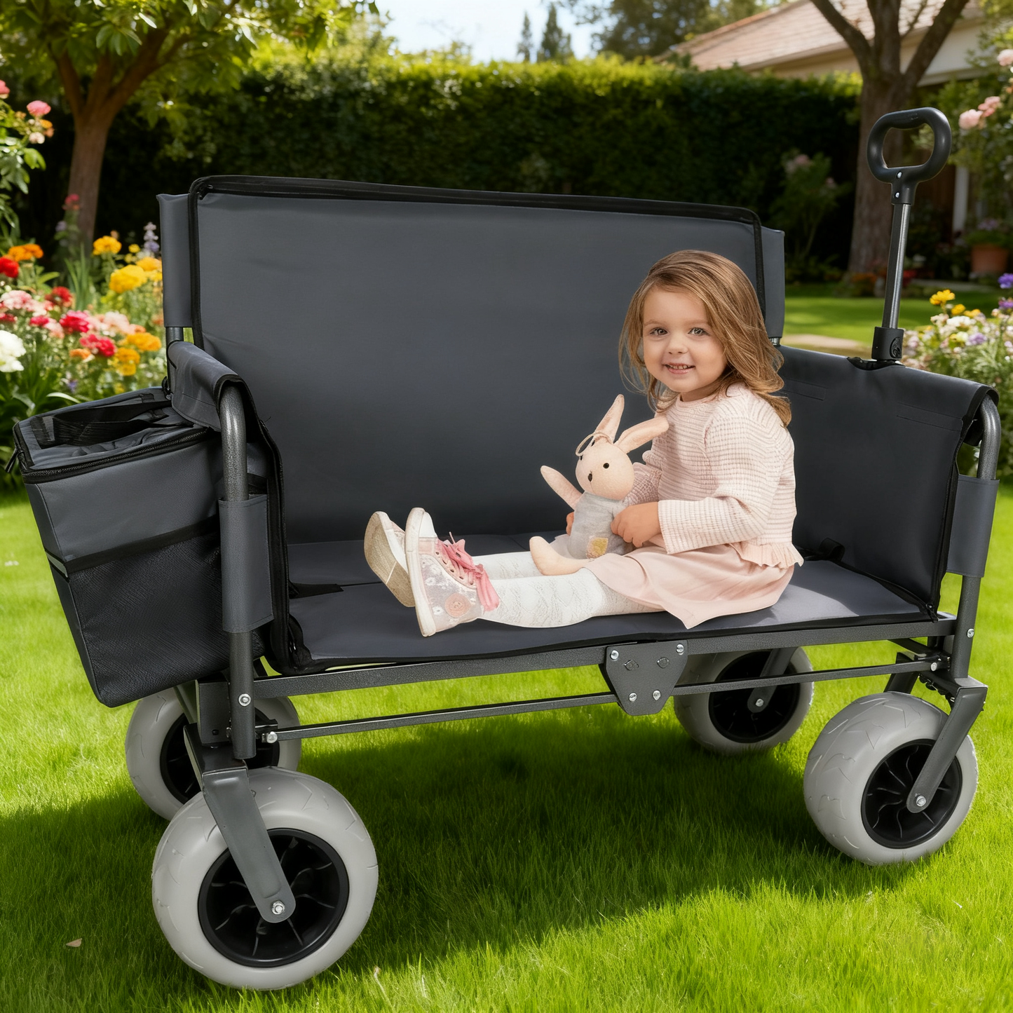 3-in-1 Folding Wagon with Bench Seat – patent protection, Includes 1 ice pack, 500lbs Capacity, 9"x4" Beach Tires for Camping & Beach, gray