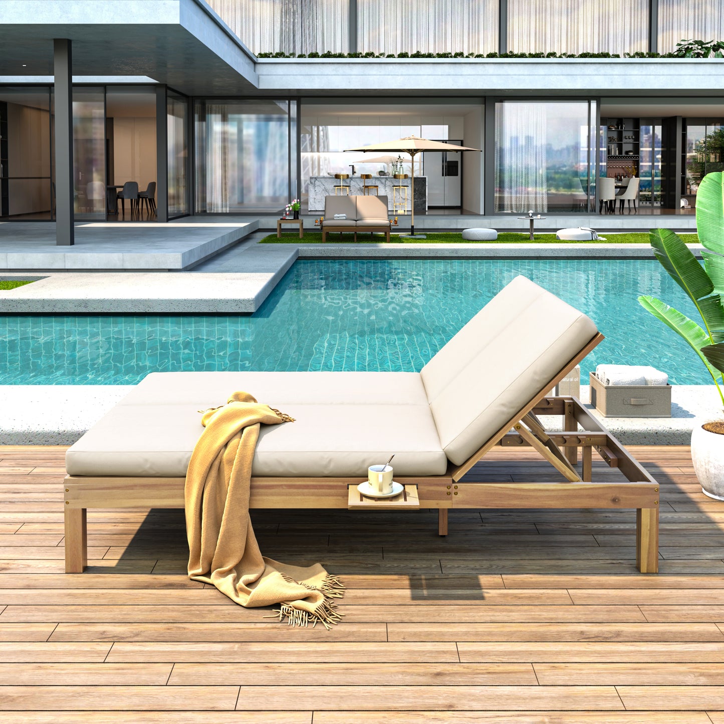TREXM 5-Position Adjustable Backrest Double Chaise Lounge Outdoor, Outdoor Chaise Lounge with Cushion and Folding Side Trays for 2 People, Patio Double Chaise Lounge for Poolside Garden, Light Teak