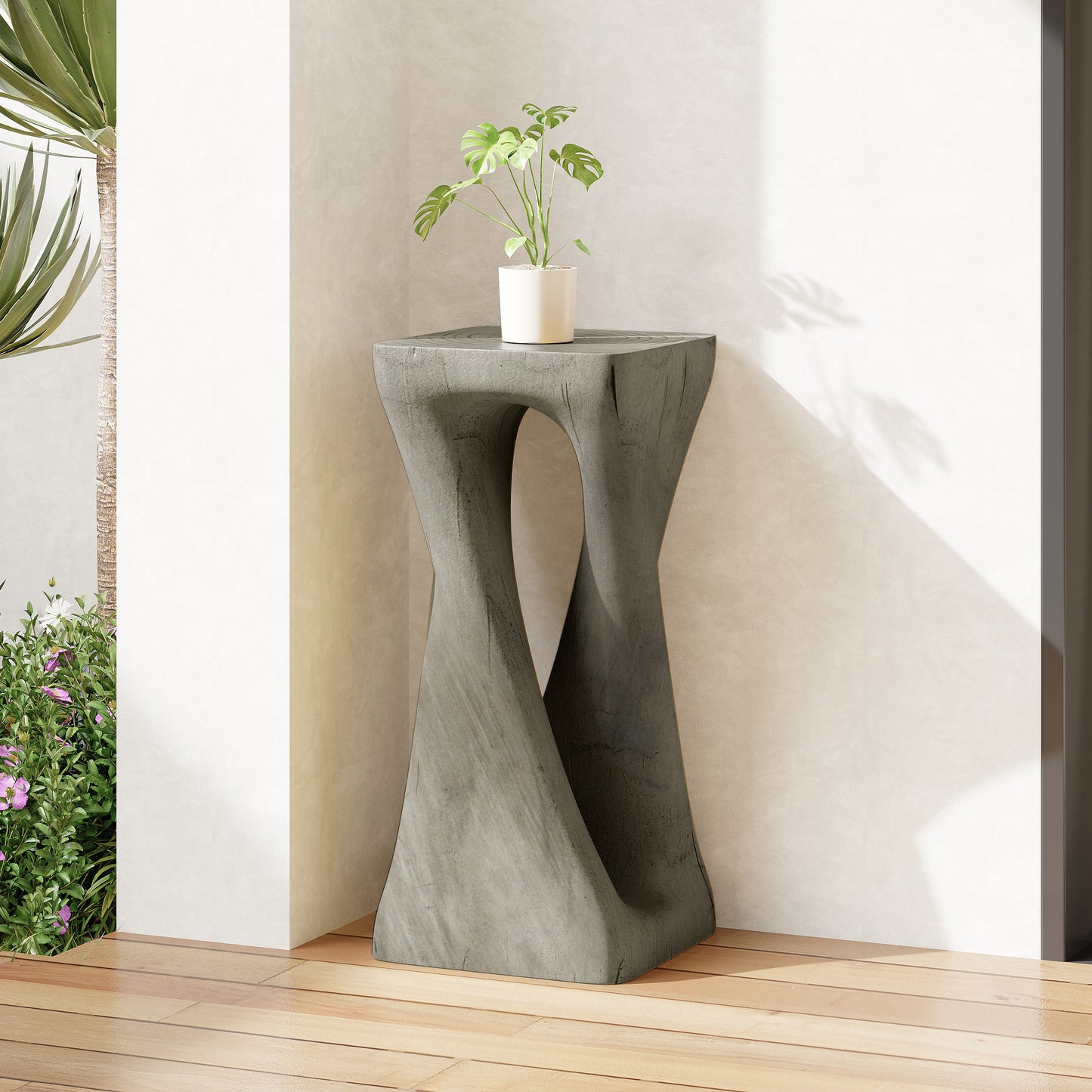 Outdoor Side Table,Twist Shape End Table,Decorative Accent Table,Garden Stool Table for Patio Balcony Beach Pool Side,Lightweight Concrete,Wood Like Texture,Grey Color