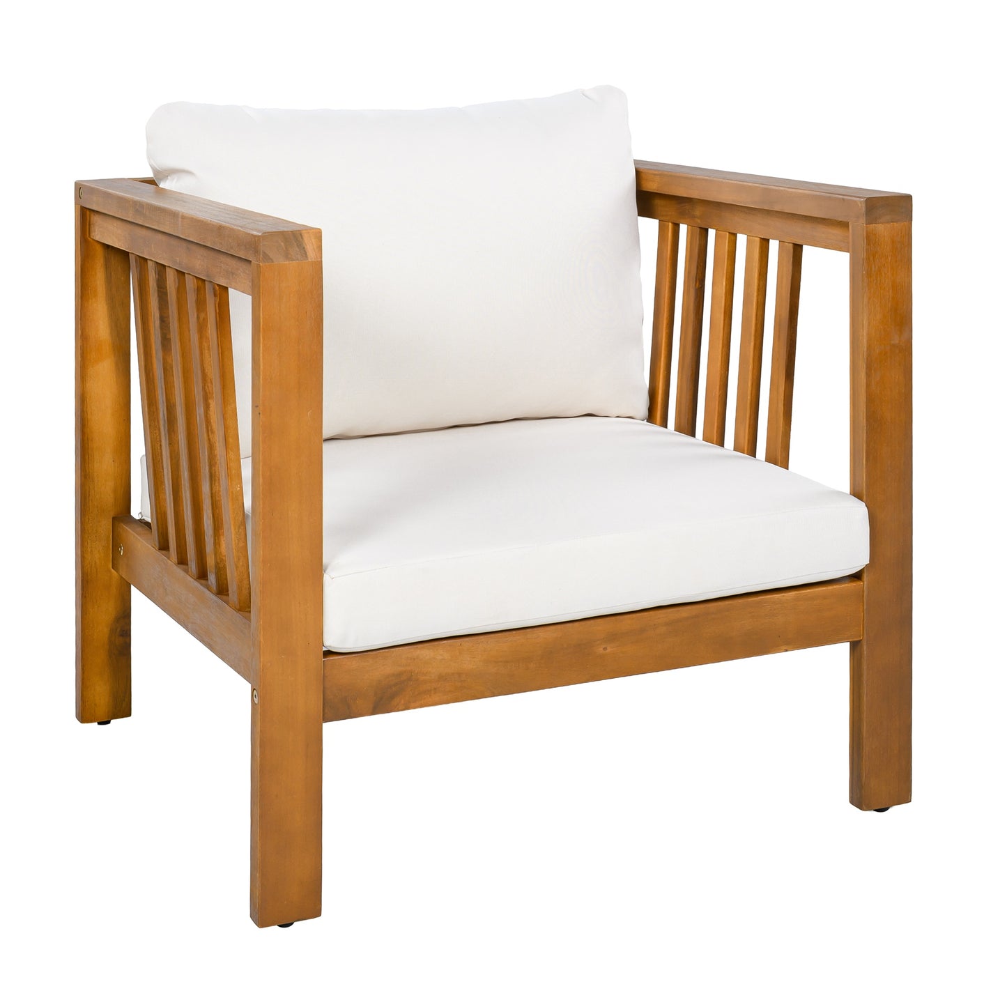 Outdoor Acacia Wood Club Chair with Modern Square Arms, Patio Chair with Thick Cushion, Adjustable Leveling Feet for Poolside, Backyard & Deck, Beige Cushion