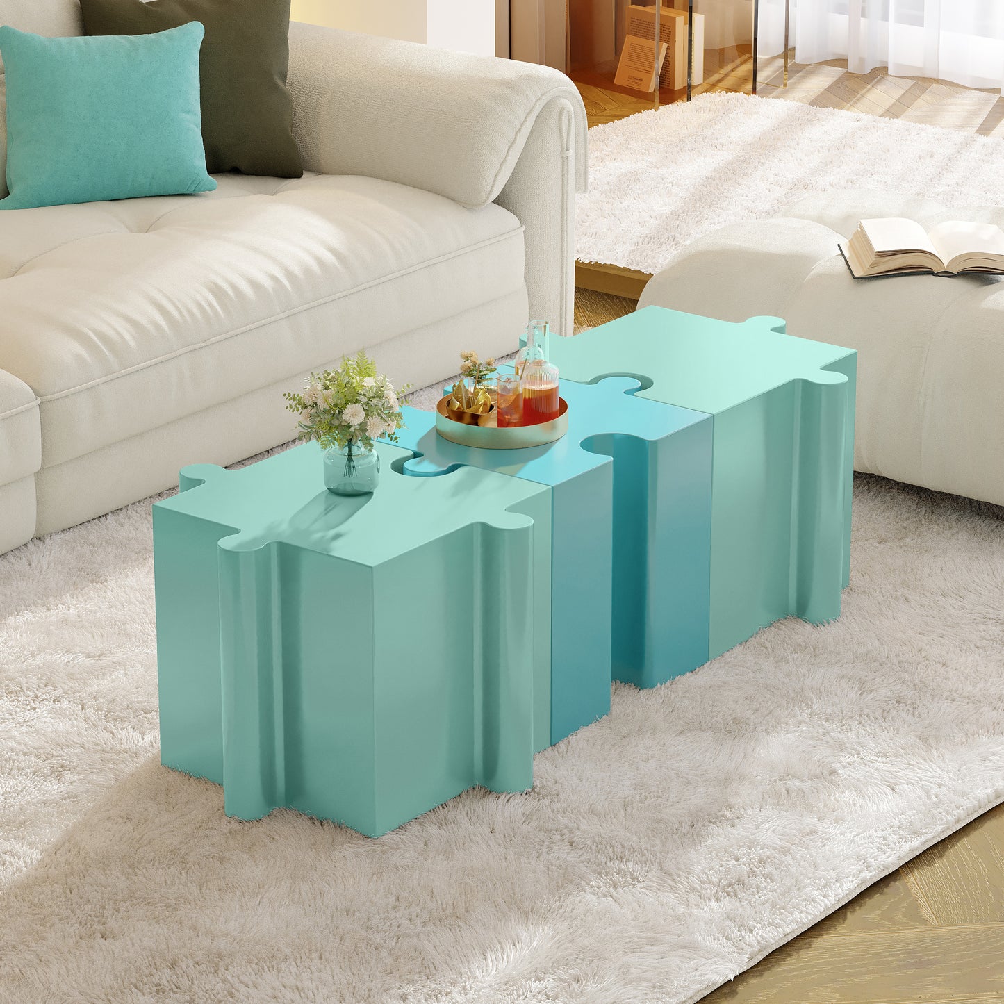 Puzzle Art Side Table, Modular Convex Edge MGO Table - Buy Singles or Combine for Custom Layouts,  Indoor & Outdoor,Light Green Color
