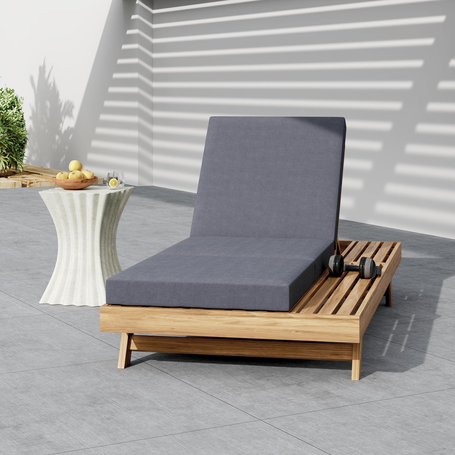 Lounge Chaise Set, Space Available On One Side, Acacia Solid Wood In light brown With Lounge Cushion (Dark Grey & Triple Fold) – Matching Cream Version Available