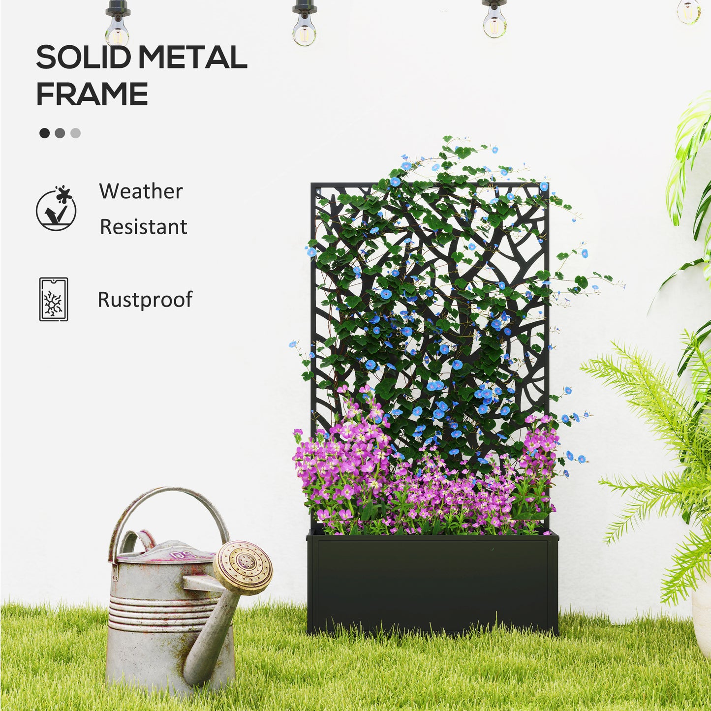 Outsunny Metal Raised Garden Bed with Trellis, Freestanding or Wall Mounted Raised Flower Bed with Privacy Panel for Garden, Patio, Balcony
