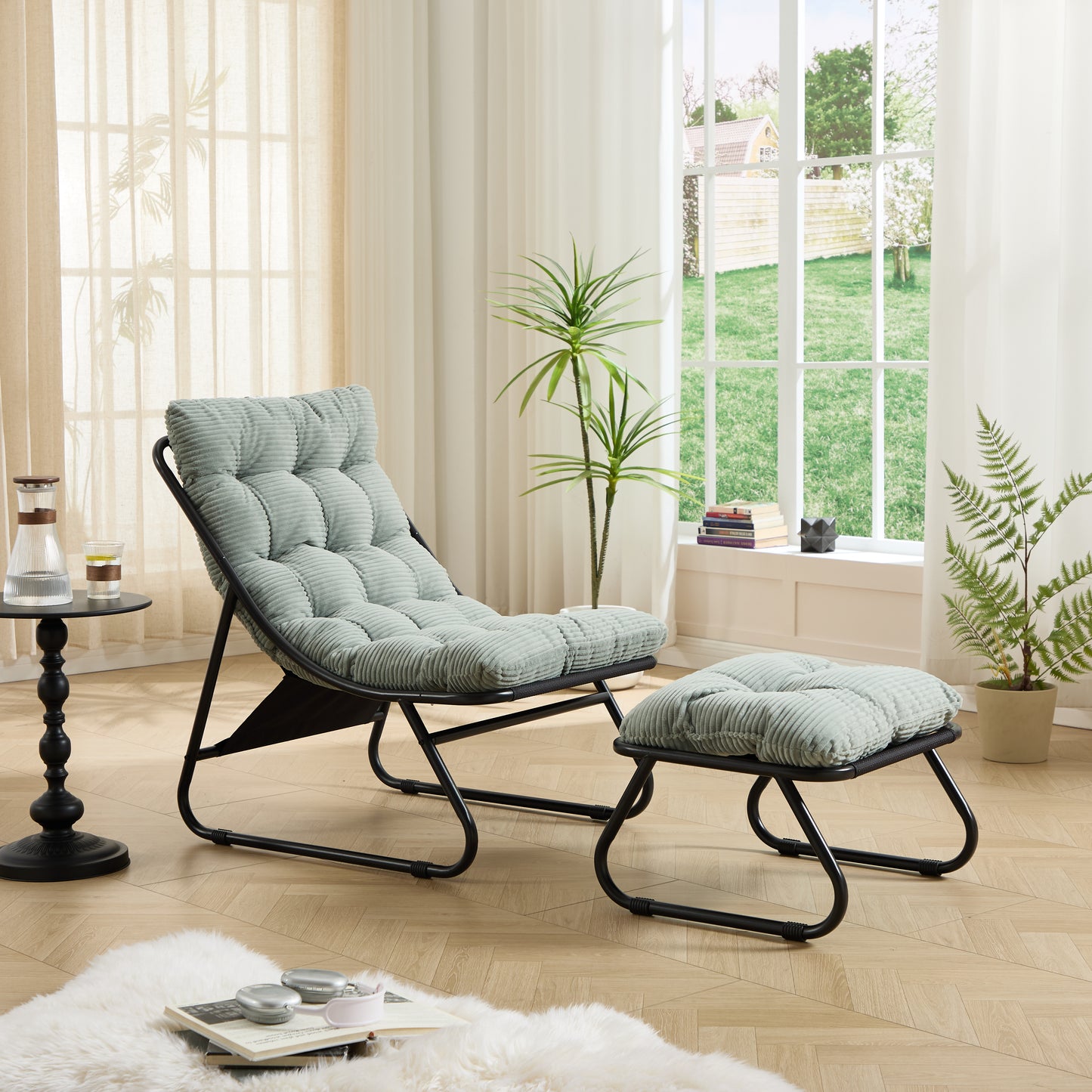 Patio Outdoor Lounge Chair with Ottoman, Comfy Sling Recliner Chair with Puffy Cushion and Foot Stool,  Ideal for Living Room, Bedroom, Reading Room, Black frame with light green Cushion
