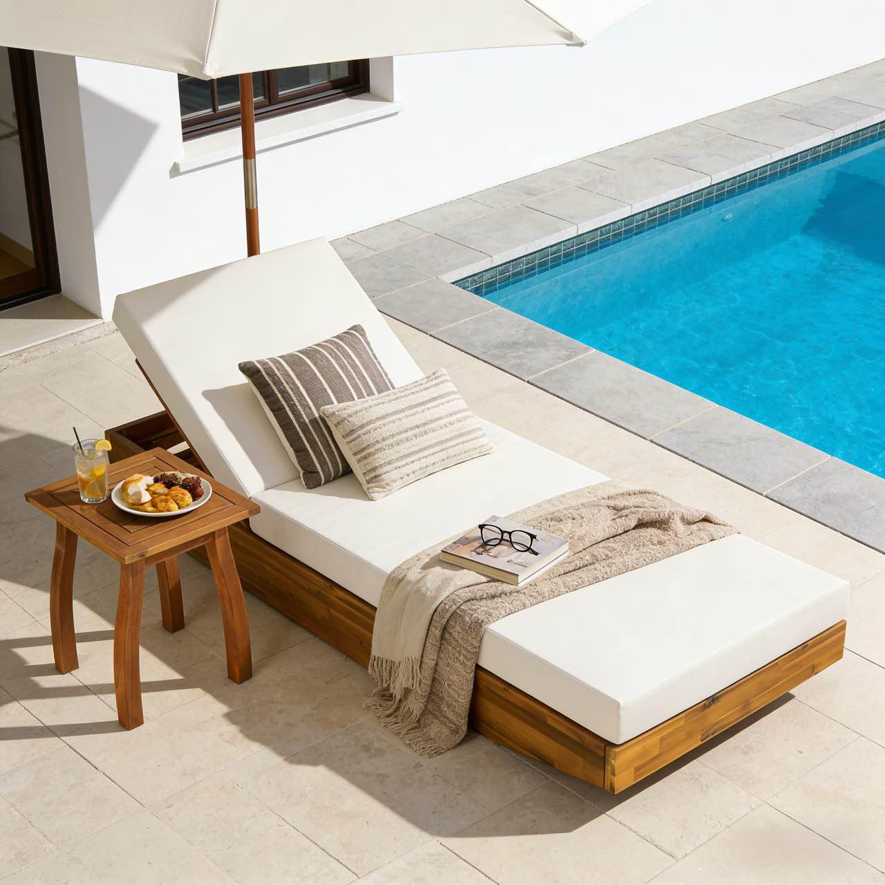 Acacia Wood Chaise Lounge with Cushion - Teak Finish Outdoor Recliner with  Cream Water-Repellent Cushion, 79.6" L x 29" W, 300 lbs