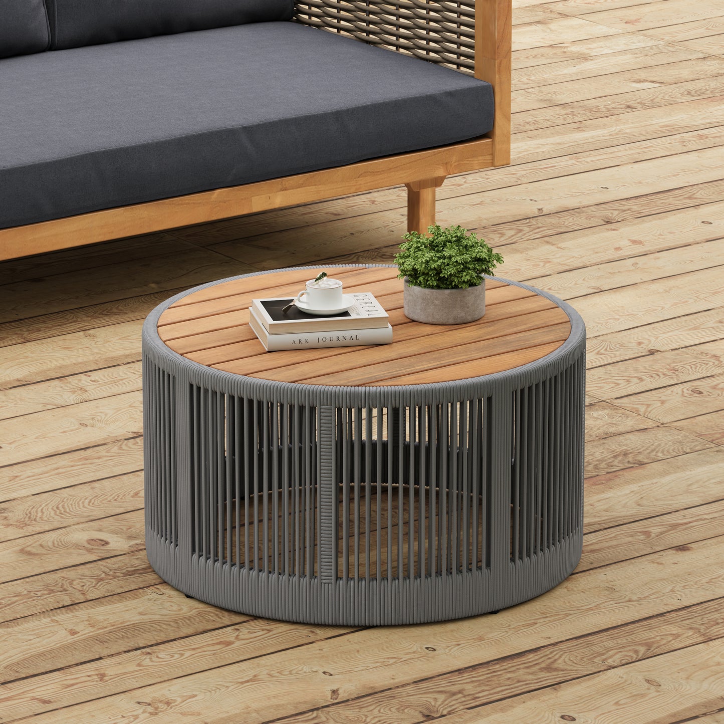 Rustic Industrial Table Set,Coffee Table & Side Table with Woven Rope Design, Modern Functionality Stylish Table Set for Living Room and Home Decor-Rope Grey