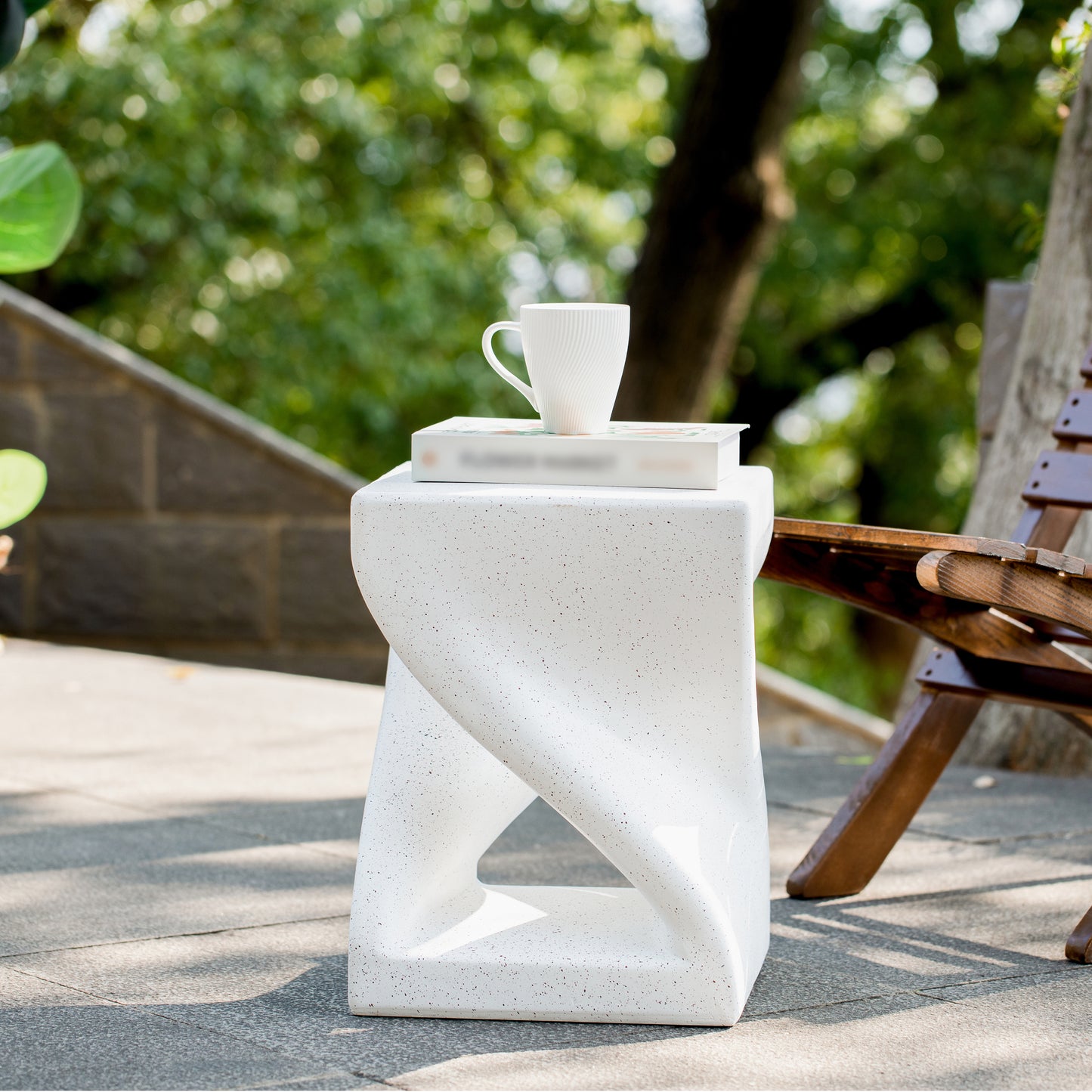 Outdoor White Marble Modern Twisted-Base Terrazzo-Speckled All-Weather MGO Side Table – Indoor End Table for Home, Office & Patio Decor