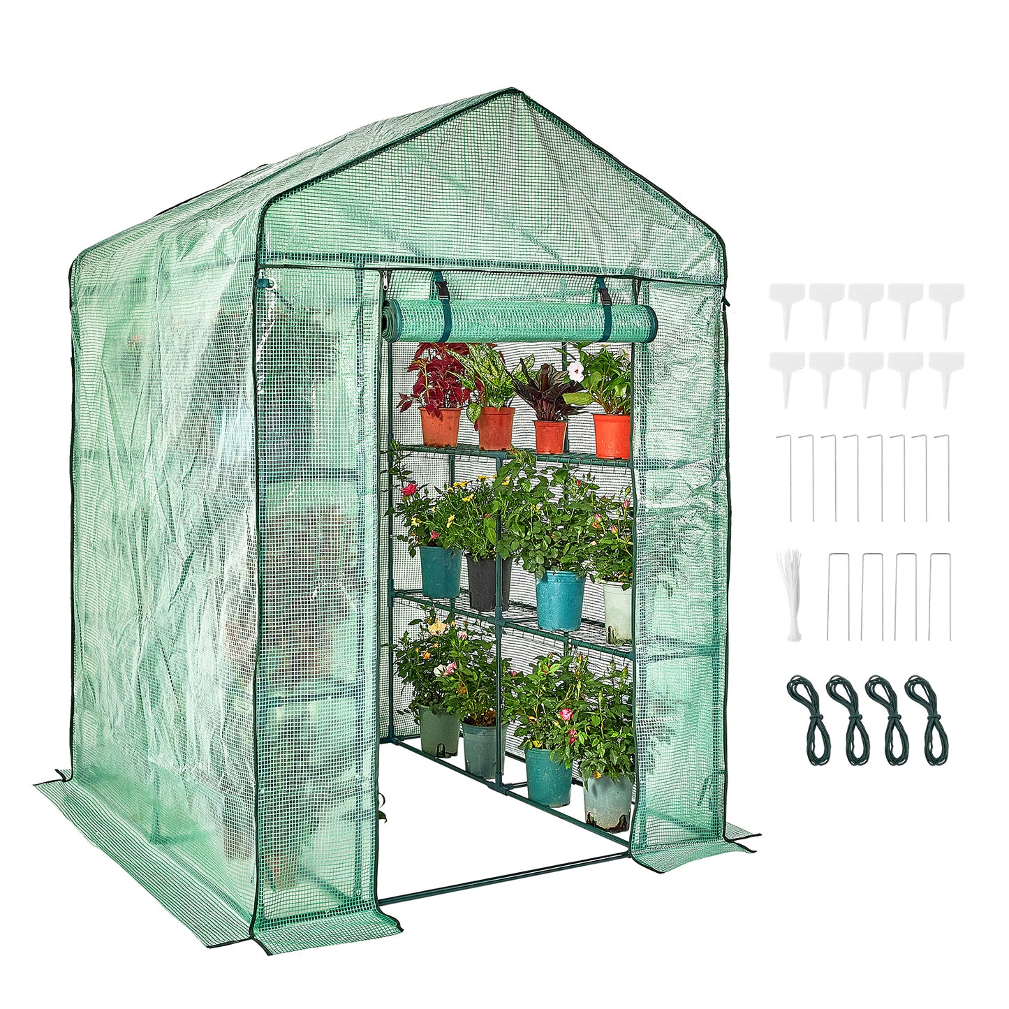 Walk-in Green House, 4.6 x 4.6 x 6.6 ft , Greenhouse with Shelves, High Strength PE Cover with Zipper Door and Steel Frame, Assembly in Minutes, Suitable for Planting and Storage