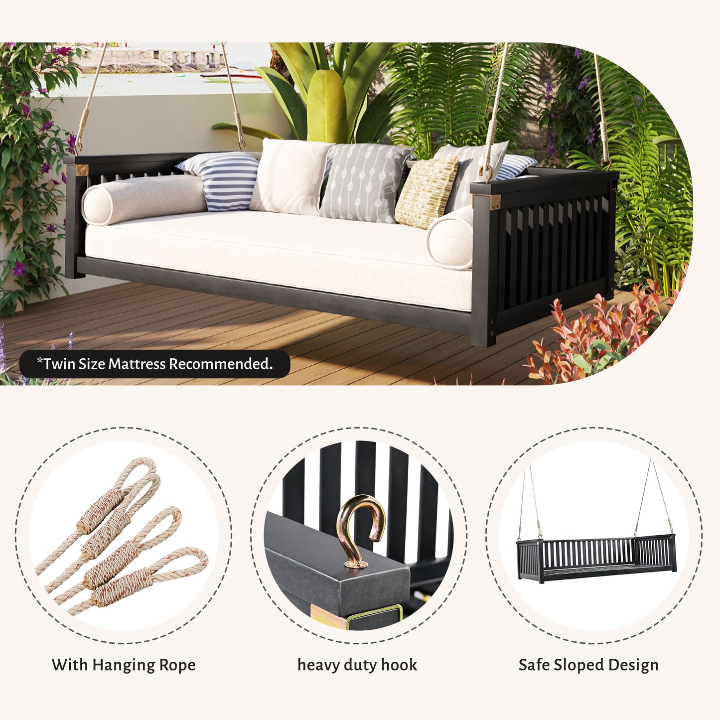 TOPMAX Patio Minimalist Twin Size Garden Swing Bed Wood Porch Swing with Ropes for Backyard, Safe Sloped Design, Black