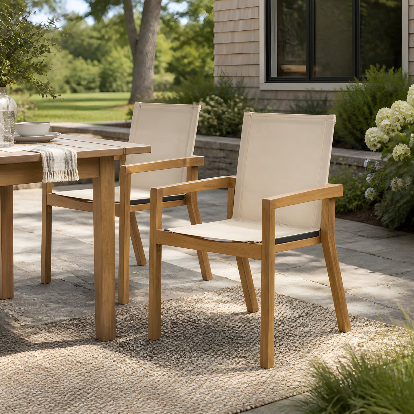 BELFAST DINING CHAIR,Set of 2,Teak Frame+ Beige Textile