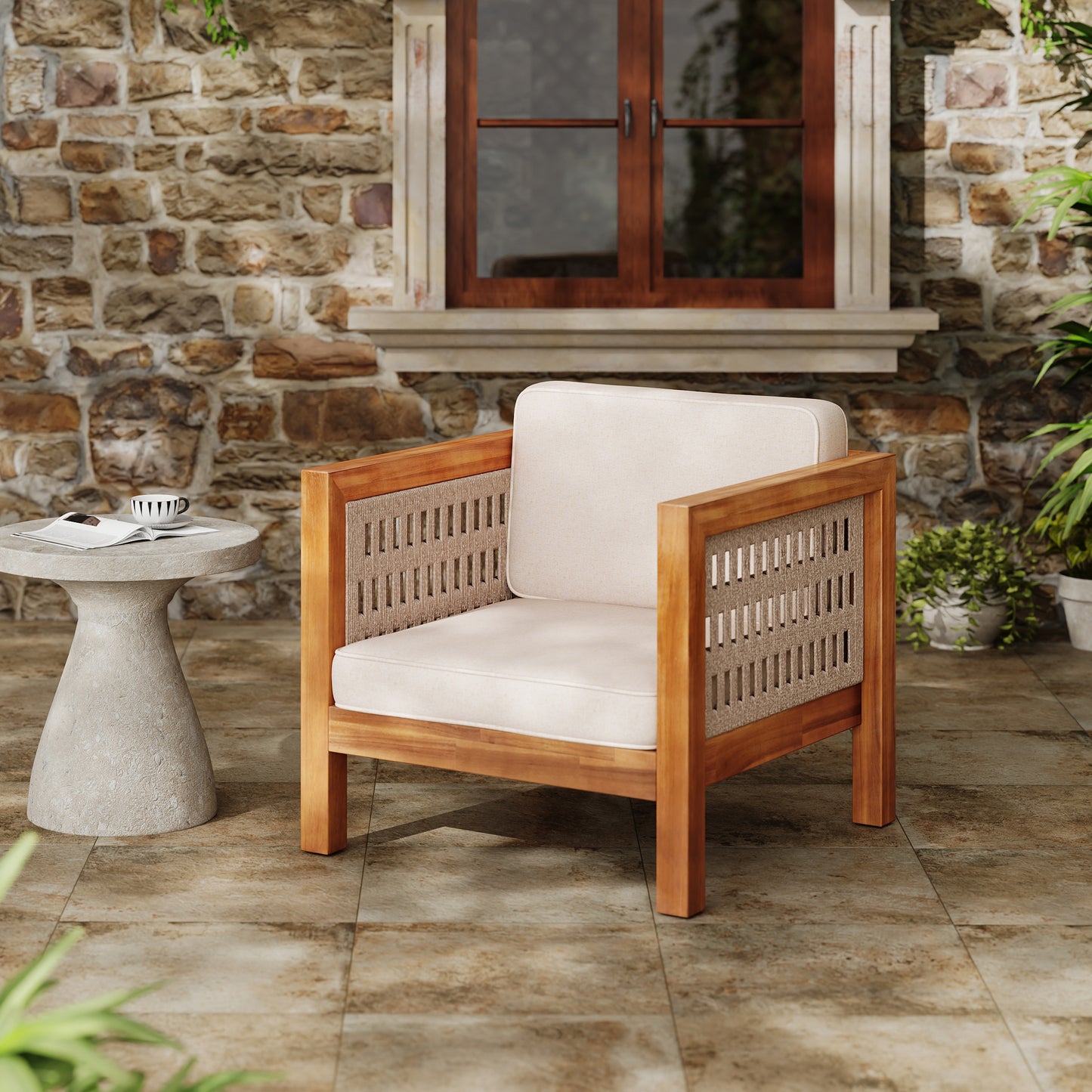 Acacia Wood Outdoor Club Chair  with Beige Rope Arm and Beige Cushions,400 lbs Capacity