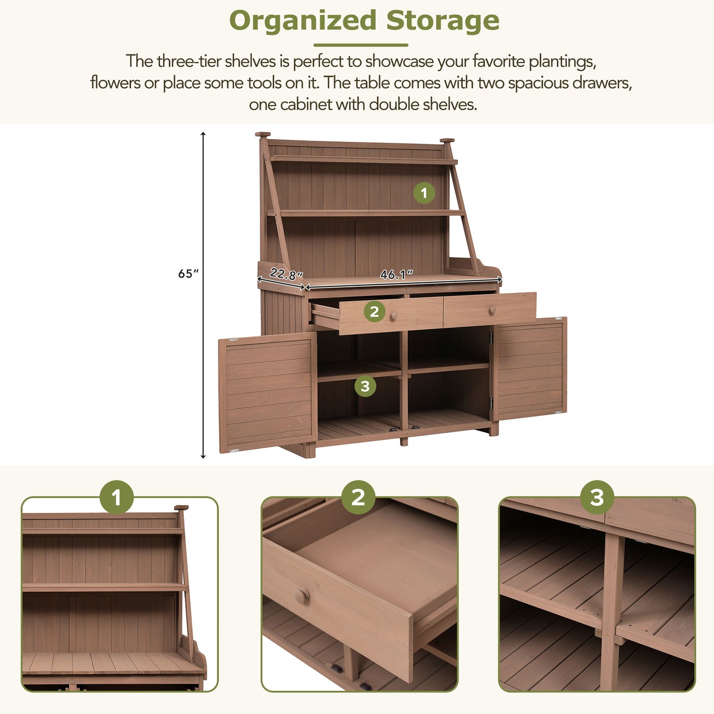 [Assembly Video Provided] TOPMAX 65inch Garden Potting Bench Table, Fir Wood Workstation with Storage Shelf, Drawer and Cabinet, Brown