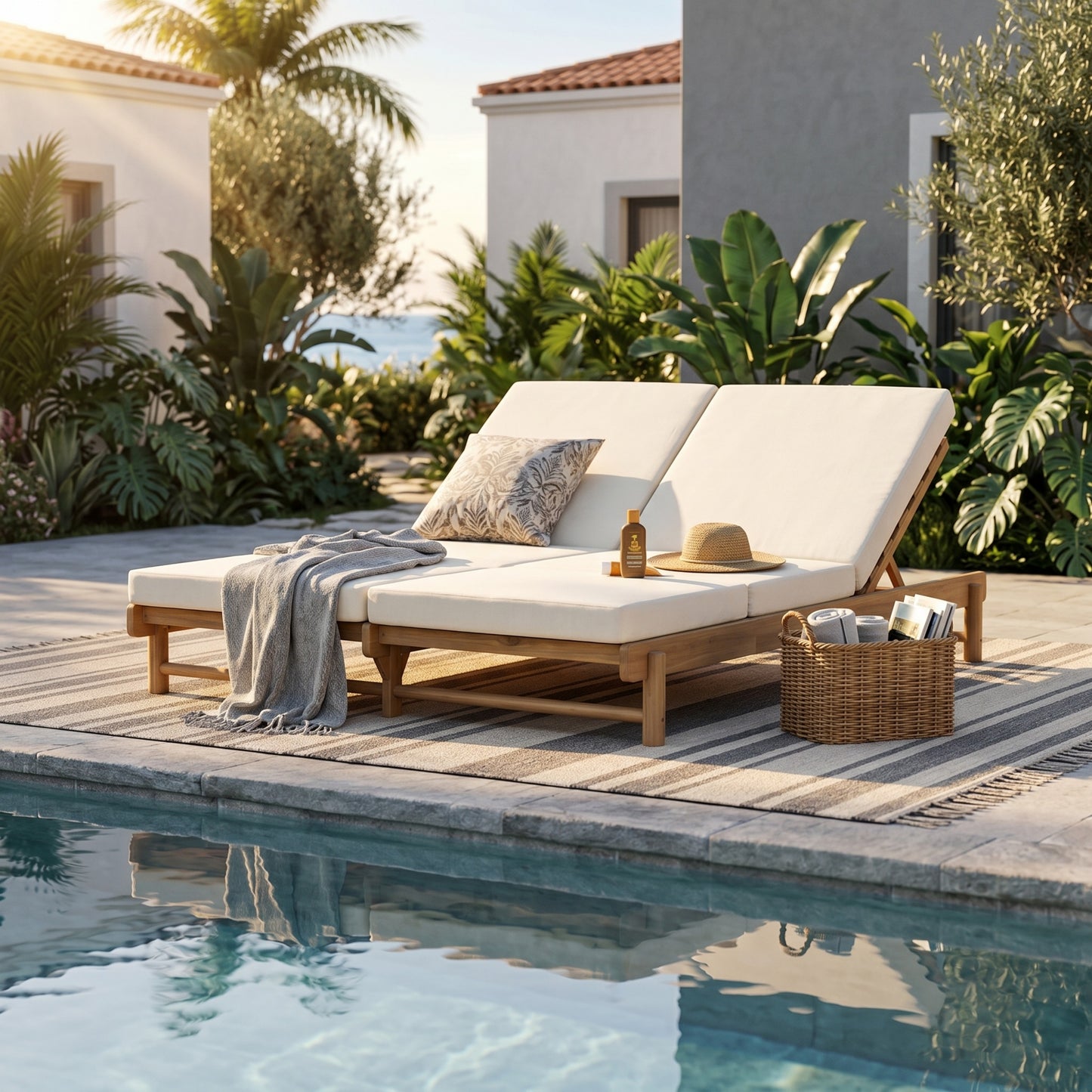 Light Teak Acacia Wood Double Chaise Lounger Set: 1 Frame + 2 Cream Cushions, 800 lbs Capacity, 3-Position Adjustable Backrest, 4" Thick 3-Fold Water-Resistant Cushions for Patio Poolside Backyard