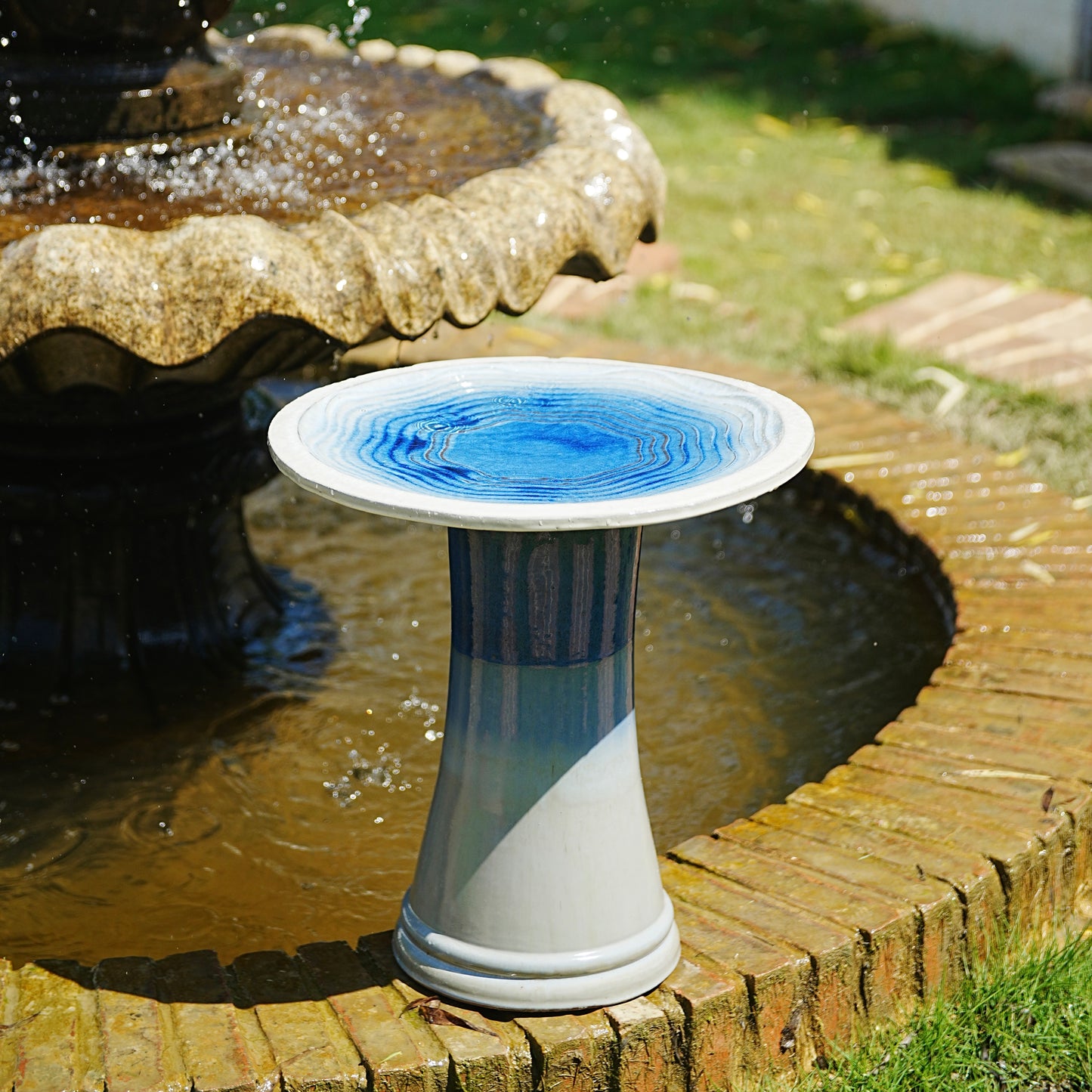 17'' Ceramic Bird Bath for Outside, Elegant Tall Outdoor Bird Bath, Lightweight Pedestal Glazed Birdbaths for Outdoors with Swirl Pattern, Blue Ombre