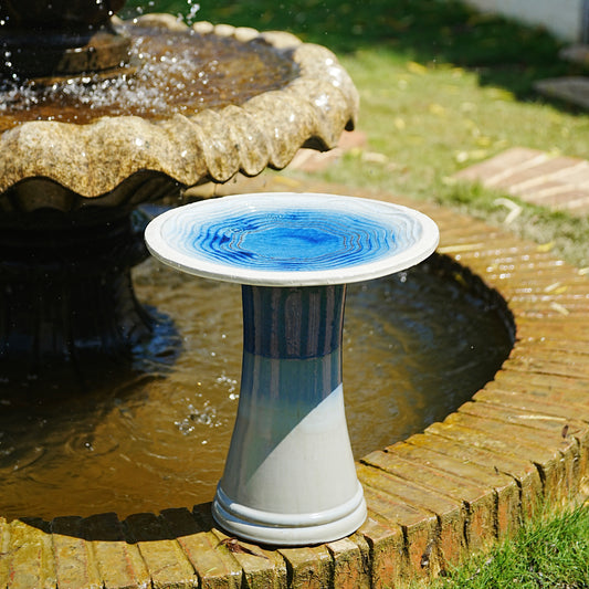 17'' Ceramic Bird Bath for Outside, Elegant Tall Outdoor Bird Bath, Lightweight Pedestal Glazed Birdbaths for Outdoors with Swirl Pattern, Blue Ombre