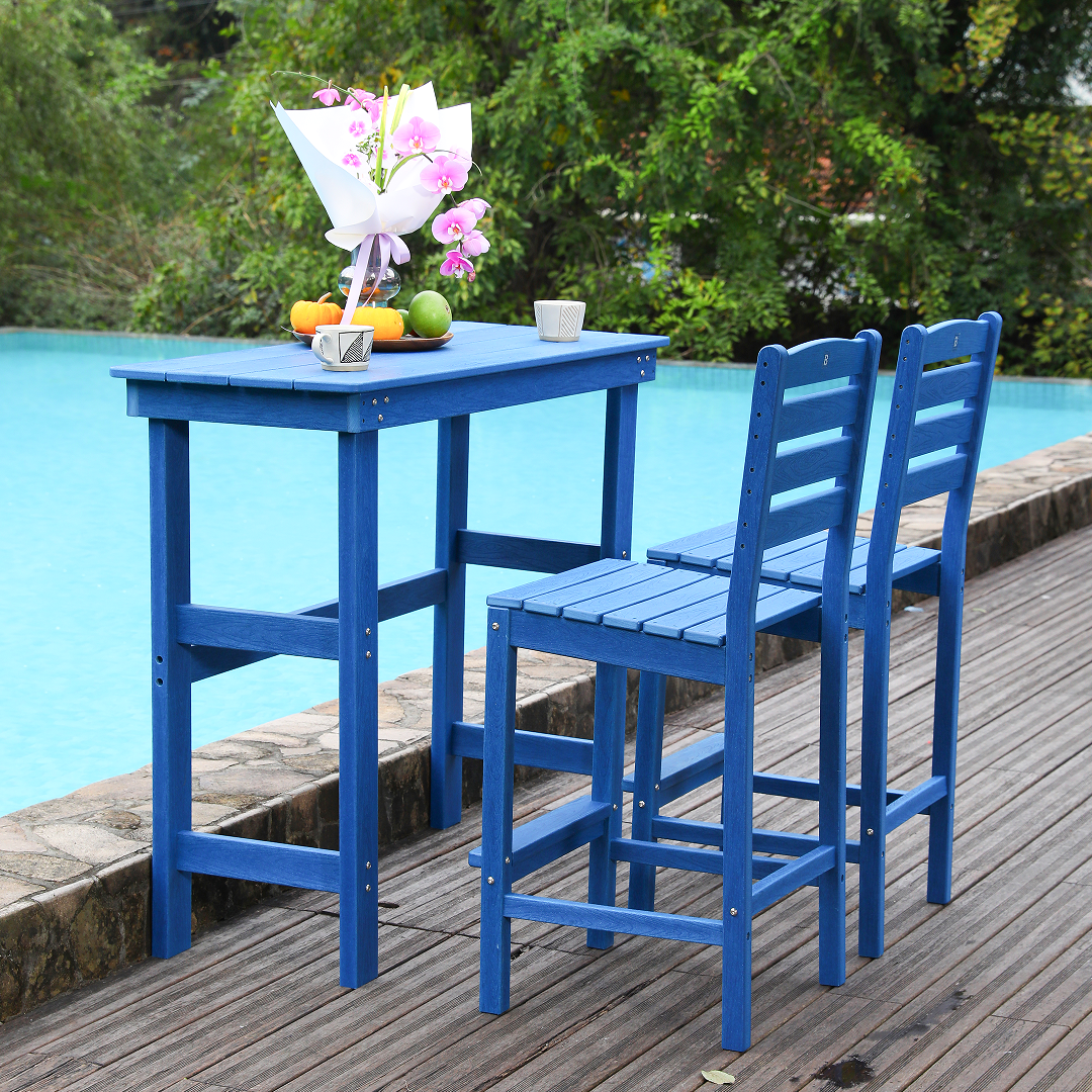 HDPE type outdoor dining and bar table is very practical. It is suitable for lawns, gardens, backyards and pool sides. Navy blue, and it is waterproof and corrosion-resistant.All Weather,