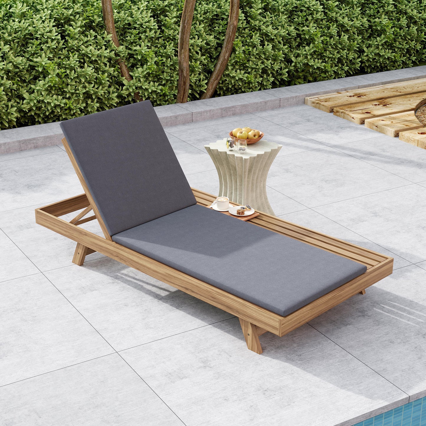 Lounge Chaise Set, Space Available On One Side, Acacia Wood In light brown With Water-Resistant Lounge Cushions (Dark Grey & 2 Inch Thick) – Matching Cream/Leaf Coconut Version Available