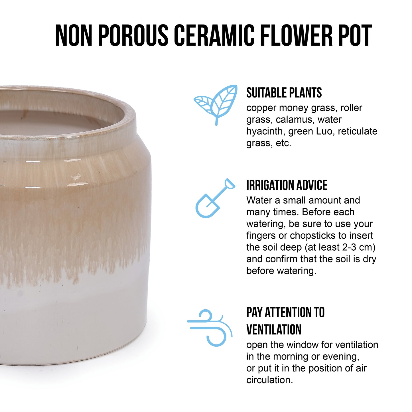 Handmade Non-Porous Ceramic Planter Set of 2, 6" & 8" Diameter, Beige Drip Glaze, for Aquatic Plants Indoor/Outdoor Shelf & Desk Use, Breathable Clay