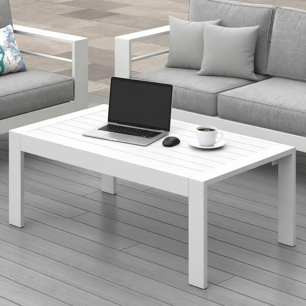 43" All-Weather Aluminum Patio Coffee Table, Modern White Rectangle Outdoor Table