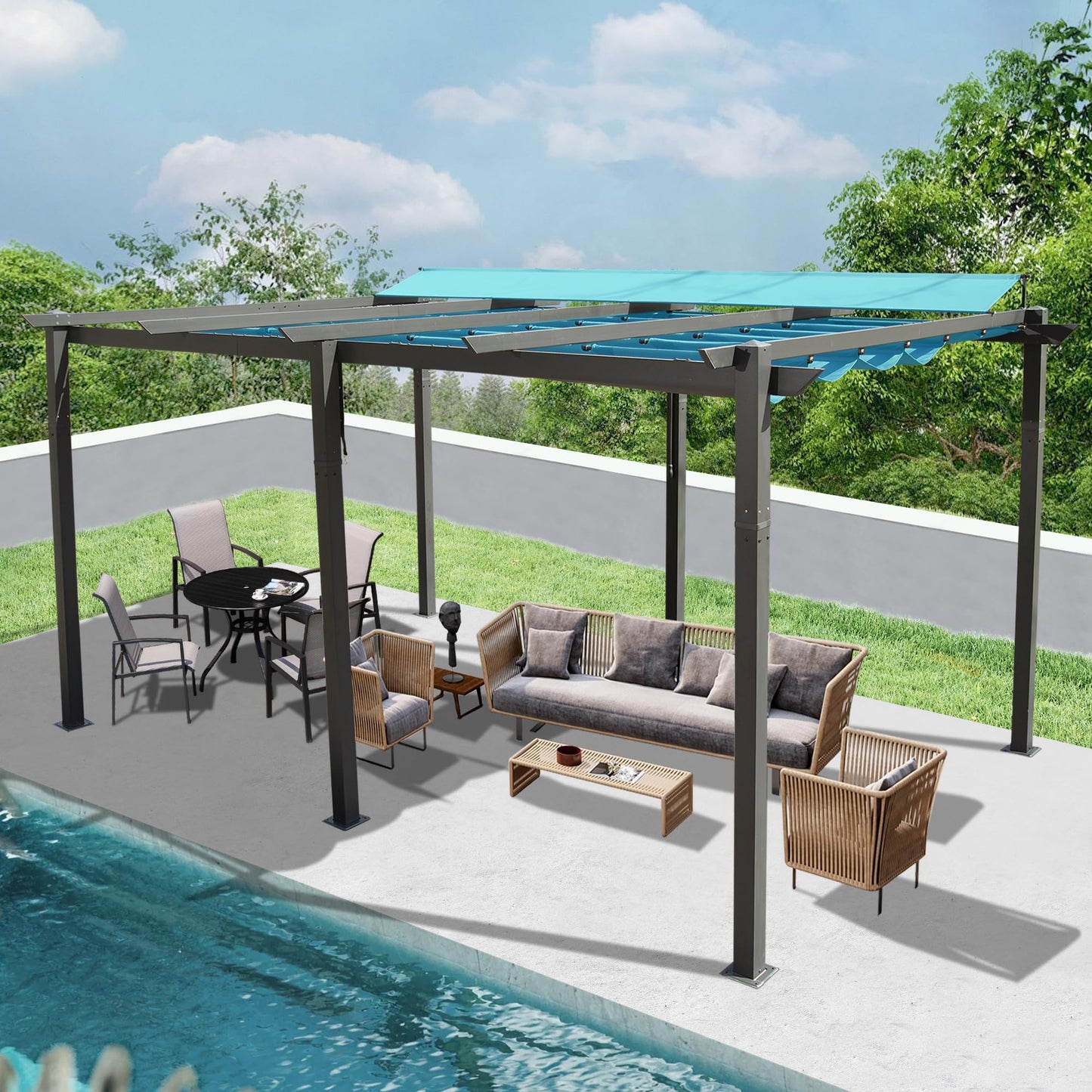 11 X 16 FT Outdoor Living Outdoor Retractable Pergola with Weather-Resistant Canopy Aluminum Garden Pergola Patio Grill Gazebo for Courtyard -Lake Blue