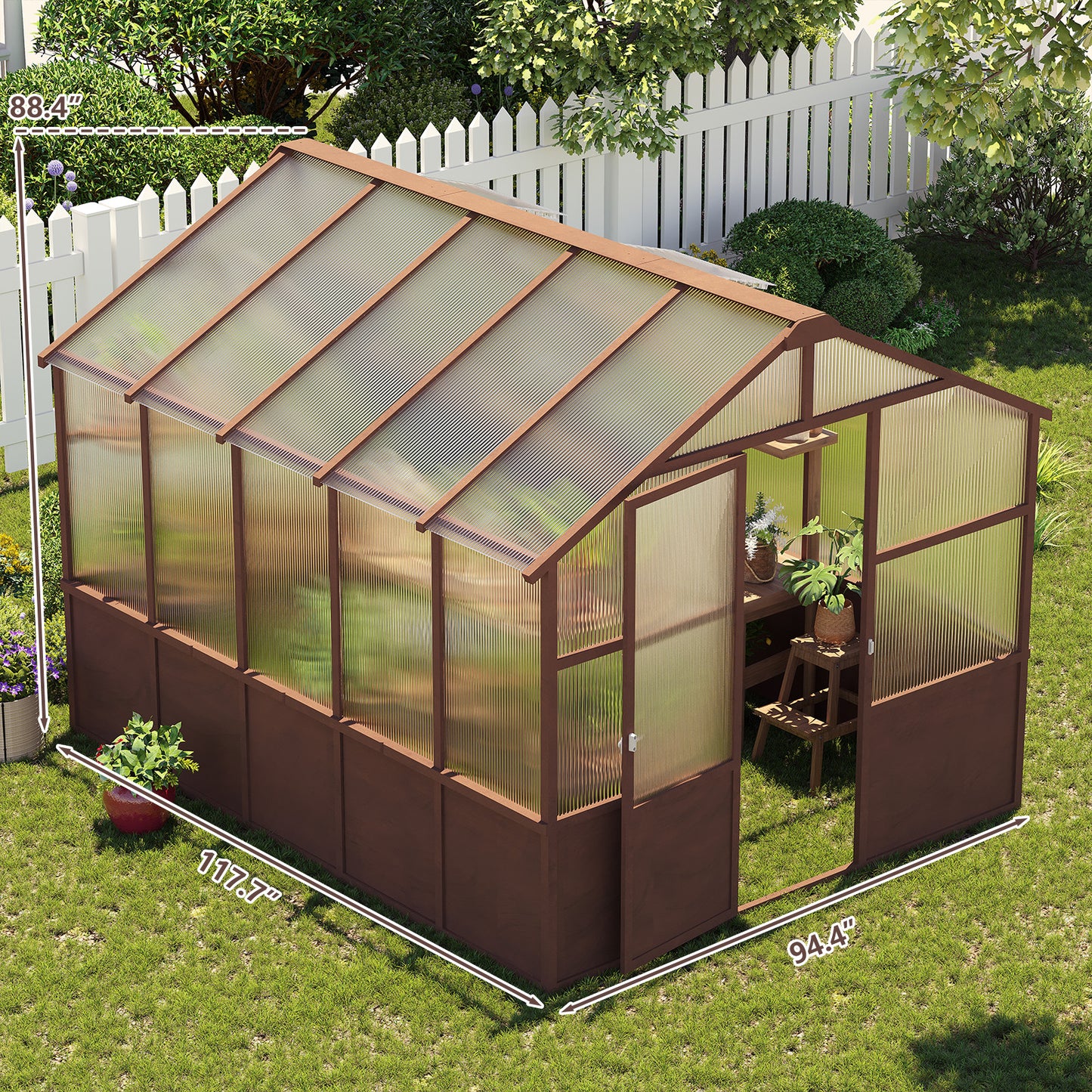 8x10 FT Greenhouse Kit, Wood Greenhouses with 6MM Polycarbonate Panel, Green House with Adjustable Vent & Lockable Door, Walk-in Greenhouse for Outside, Garden, Backyard