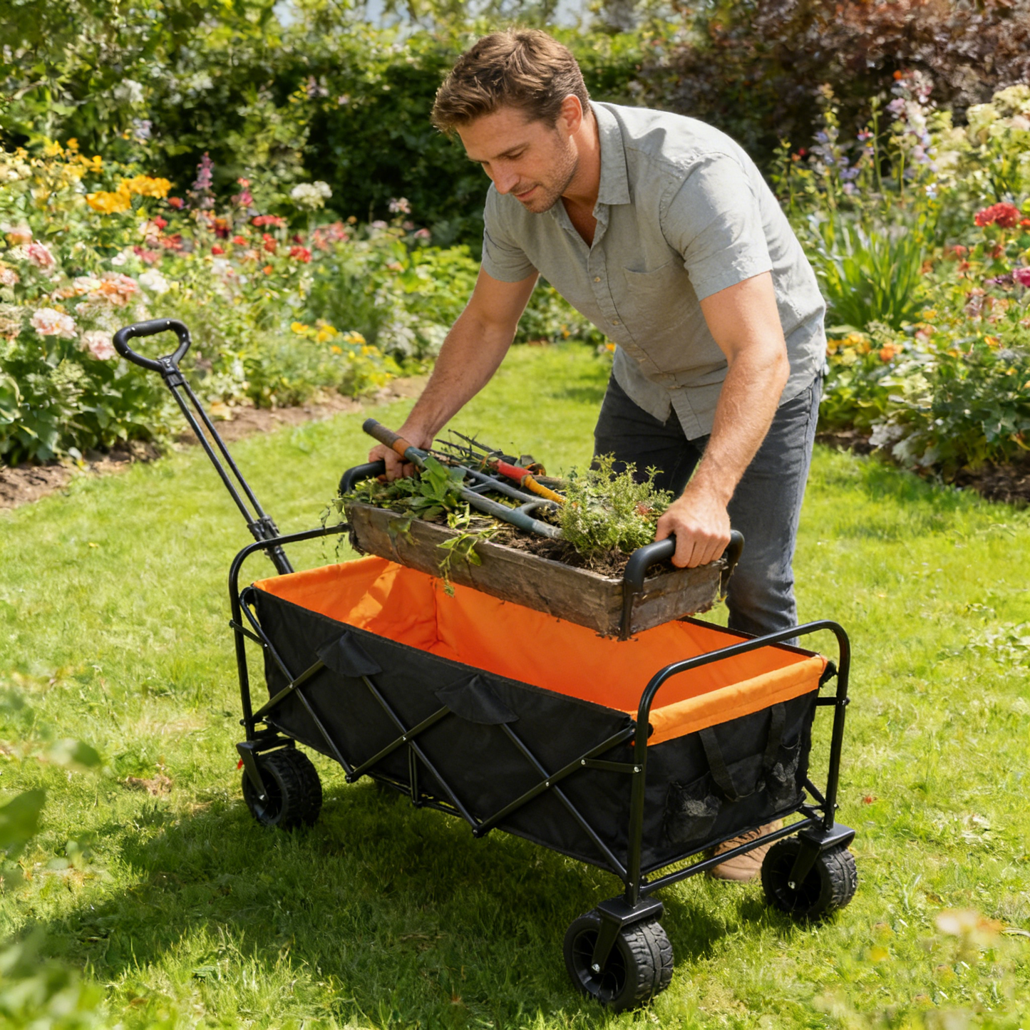 Big large capacity Folding cart Extra Long Extender Wagon Cart Folding Wagon Garden Shopping Beach Cart (black + orange)