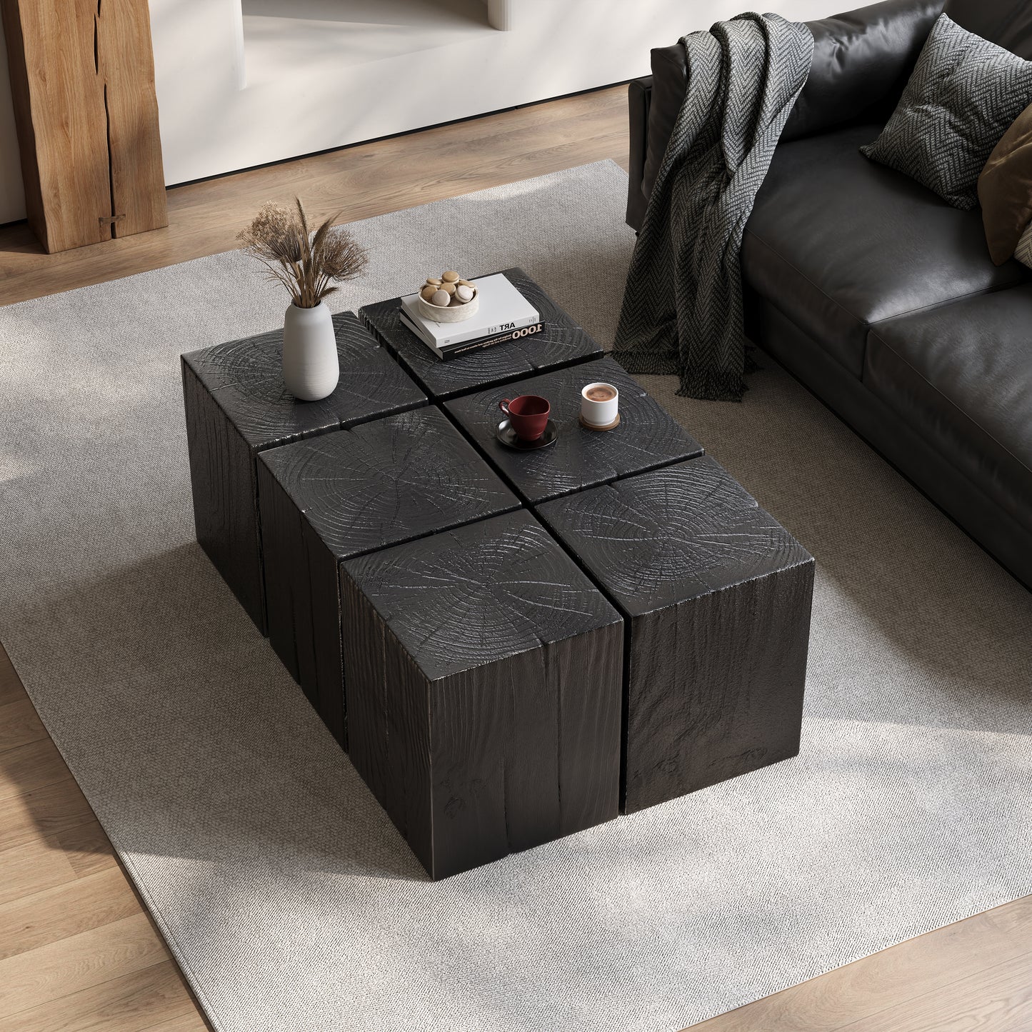 Wood-Look Square-Column MGO End Table, H18",Wood-Like Distressed Finish, Mix with Different Heights, Indoor Outdoor Use,Black Color