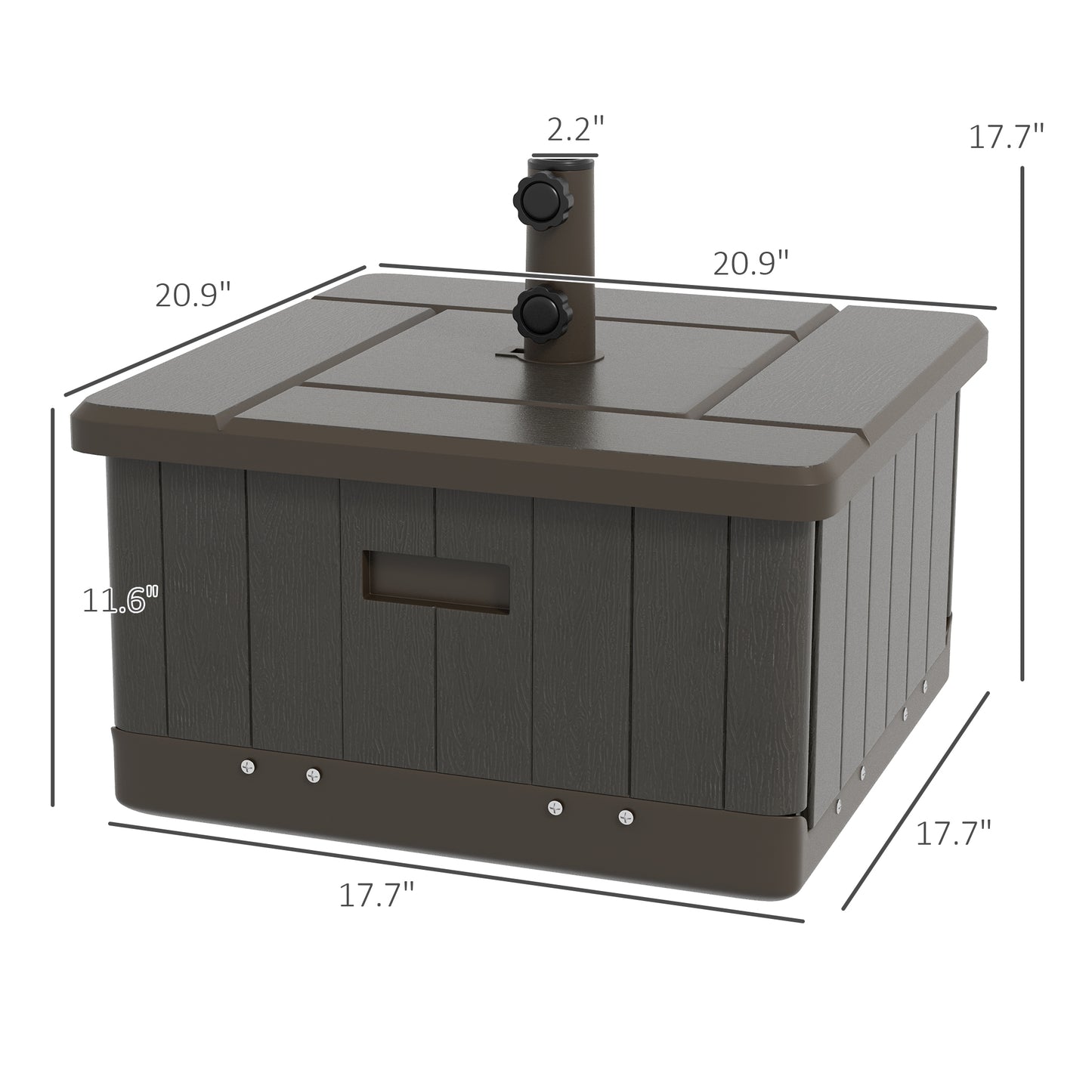 Outsunny 3-in-1 Outdoor Umbrella Base, Coffee End Table, Flower Box Planter with Drain Hole, 175 lbs. Capacity Fillable Patio Umbrella Stand Table with Wheels and Handles, Brown